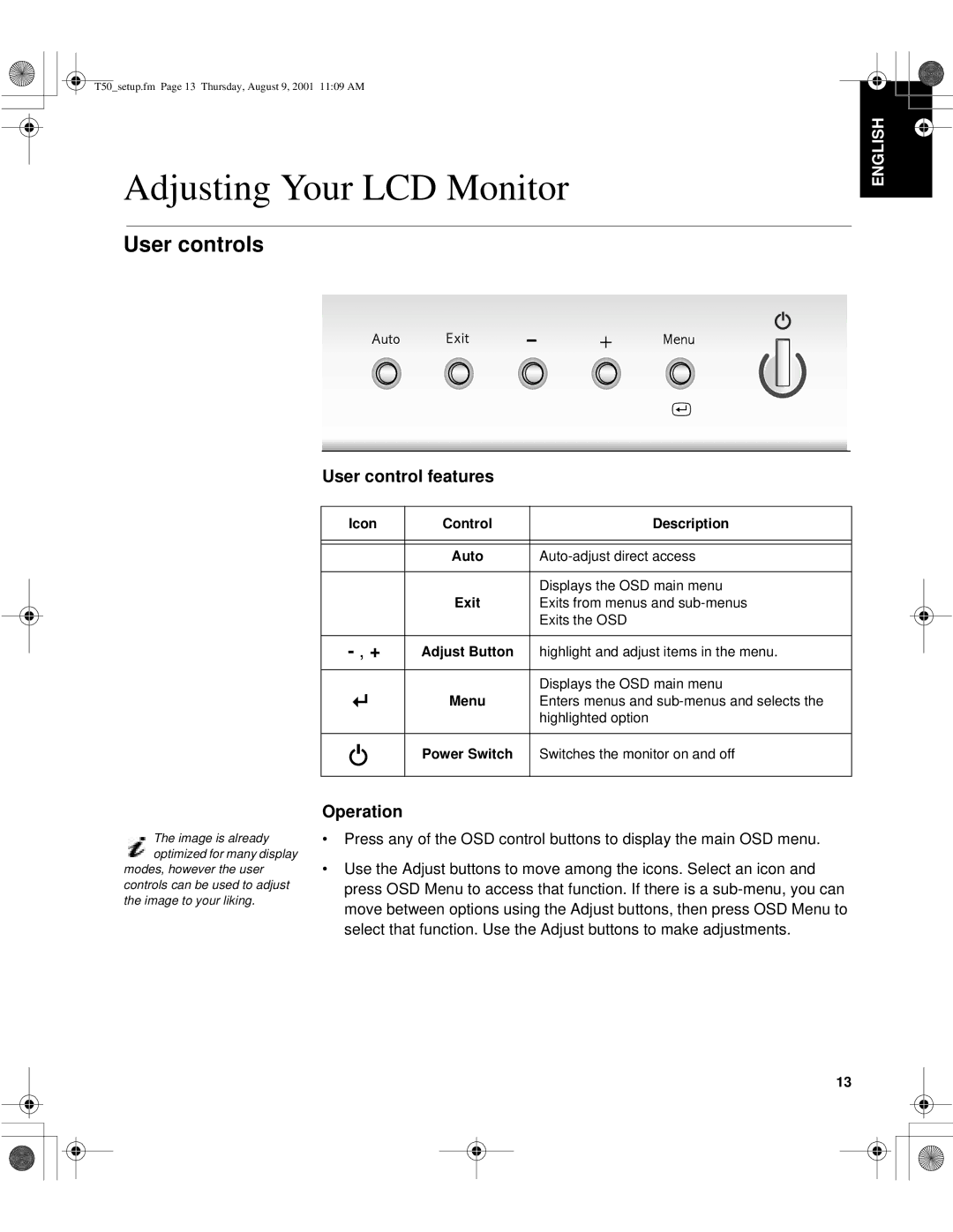 IBM 9511-AGC, T50, 9511-AWC, 31P6260, 31P6259 Adjusting Your LCD Monitor, User controls, User control features, Operation 