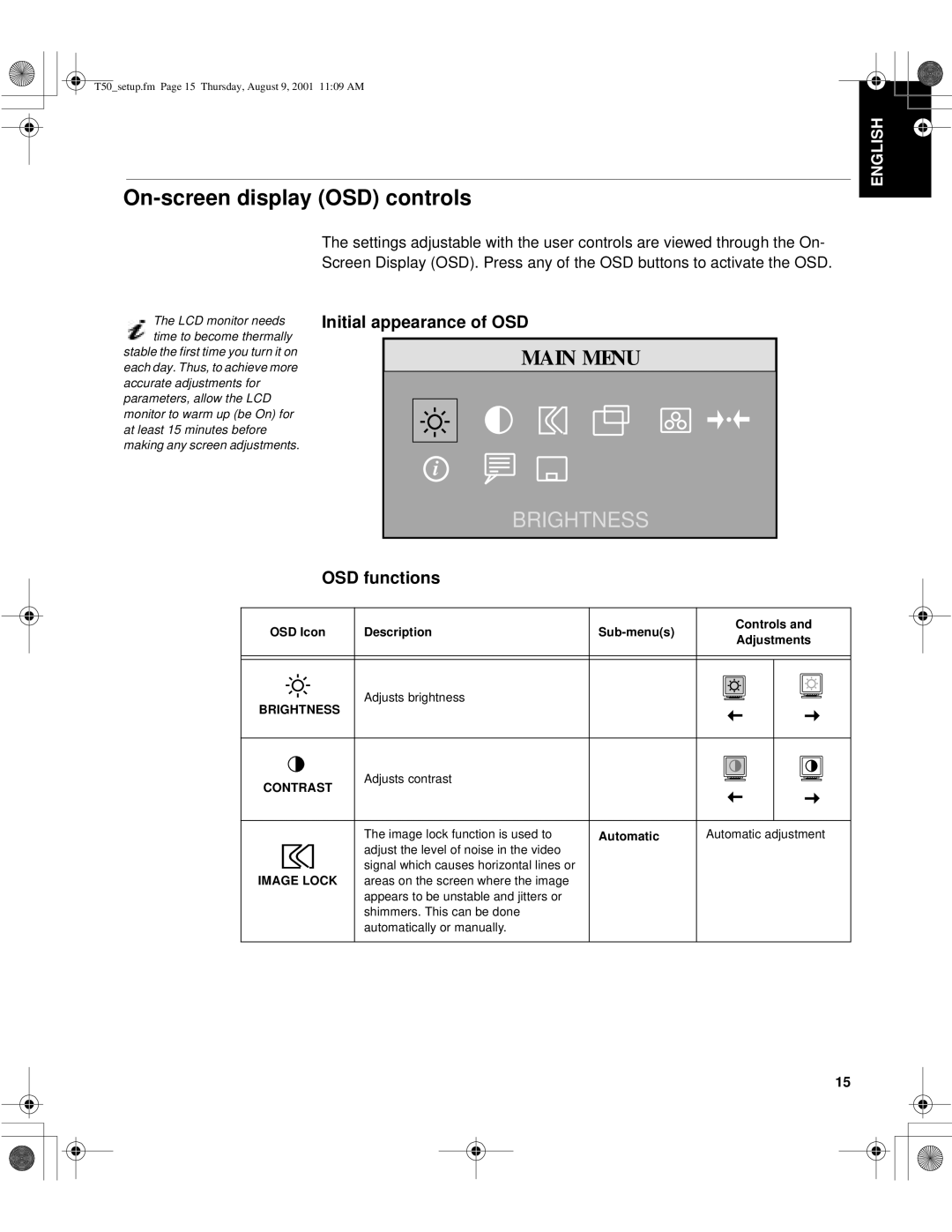 IBM 31P6259, T50, 9511-AWC, 9511-AGC, 31P6260 On-screen display OSD controls, Initial appearance of OSD, OSD functions 