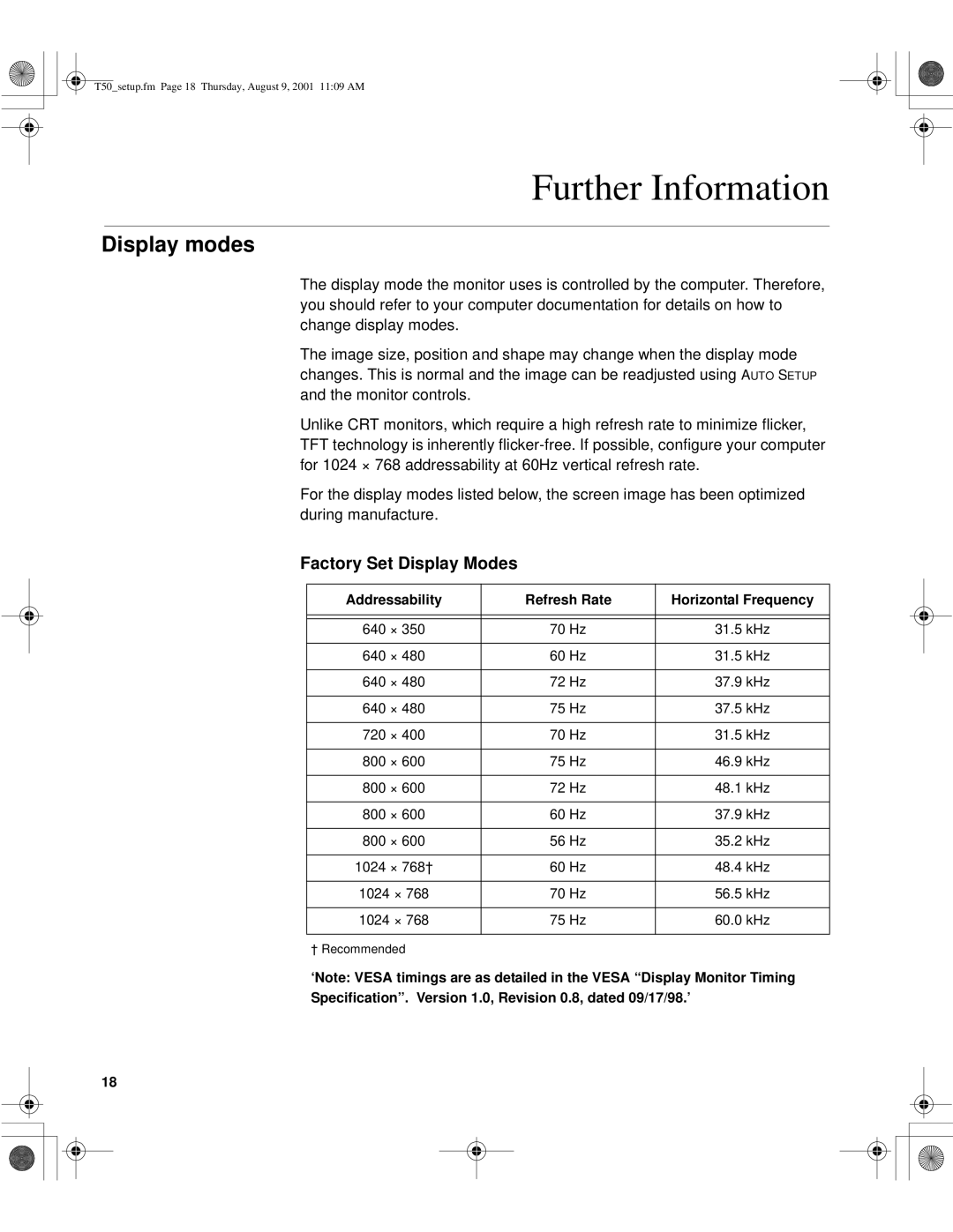 IBM 9511-AWC, T50, 9511-AGC, 31P6260, 31P6259 manual Further Information, Display modes, Factory Set Display Modes 