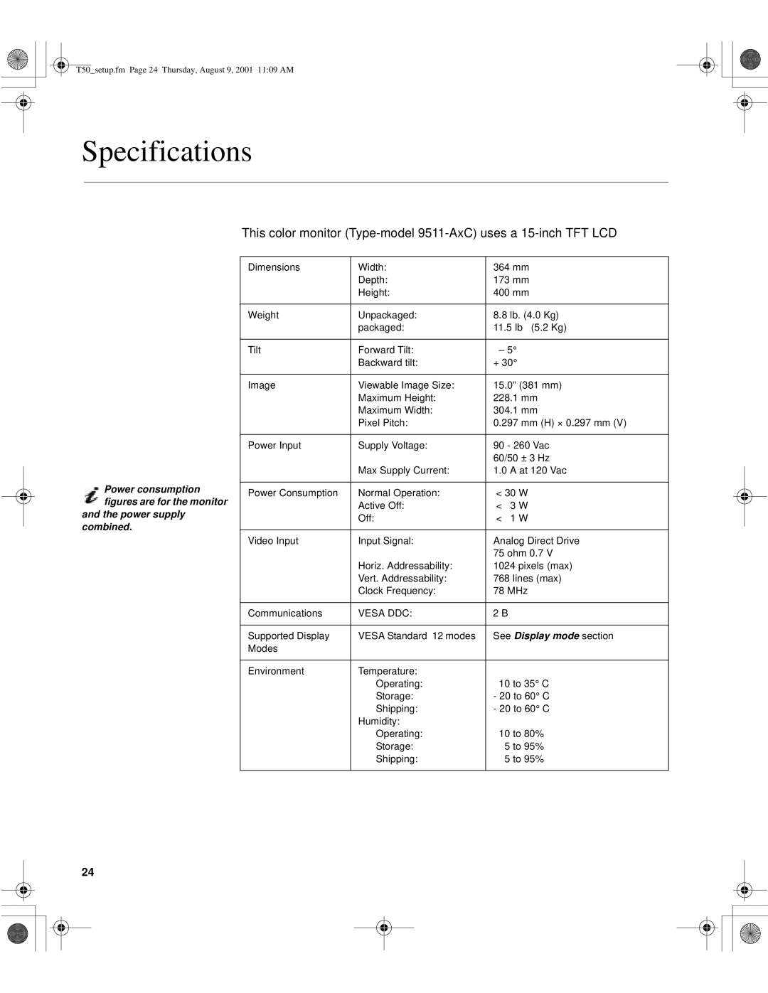 IBM 9511-AWC, T50, 9511-AGC, 31P6260, 31P6259 manual Specifications, See Display mode section 