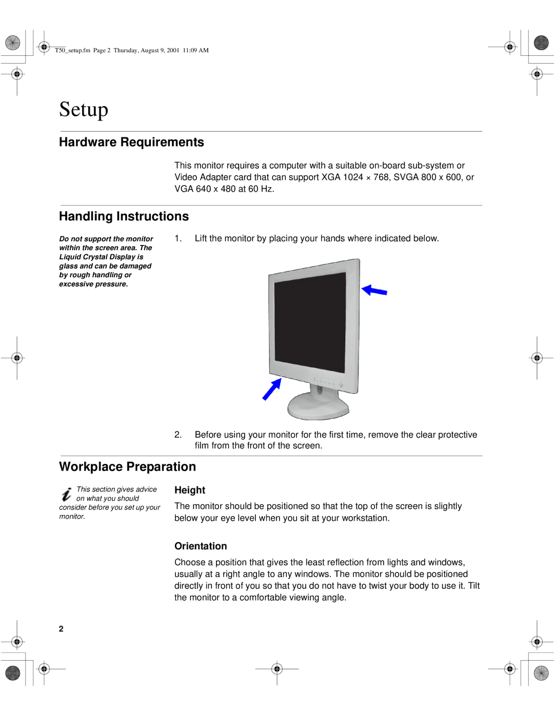 IBM 31P6260, T50, 9511-AWC, 9511-AGC, 31P6259 Setup, Hardware Requirements, Handling Instructions, Workplace Preparation 