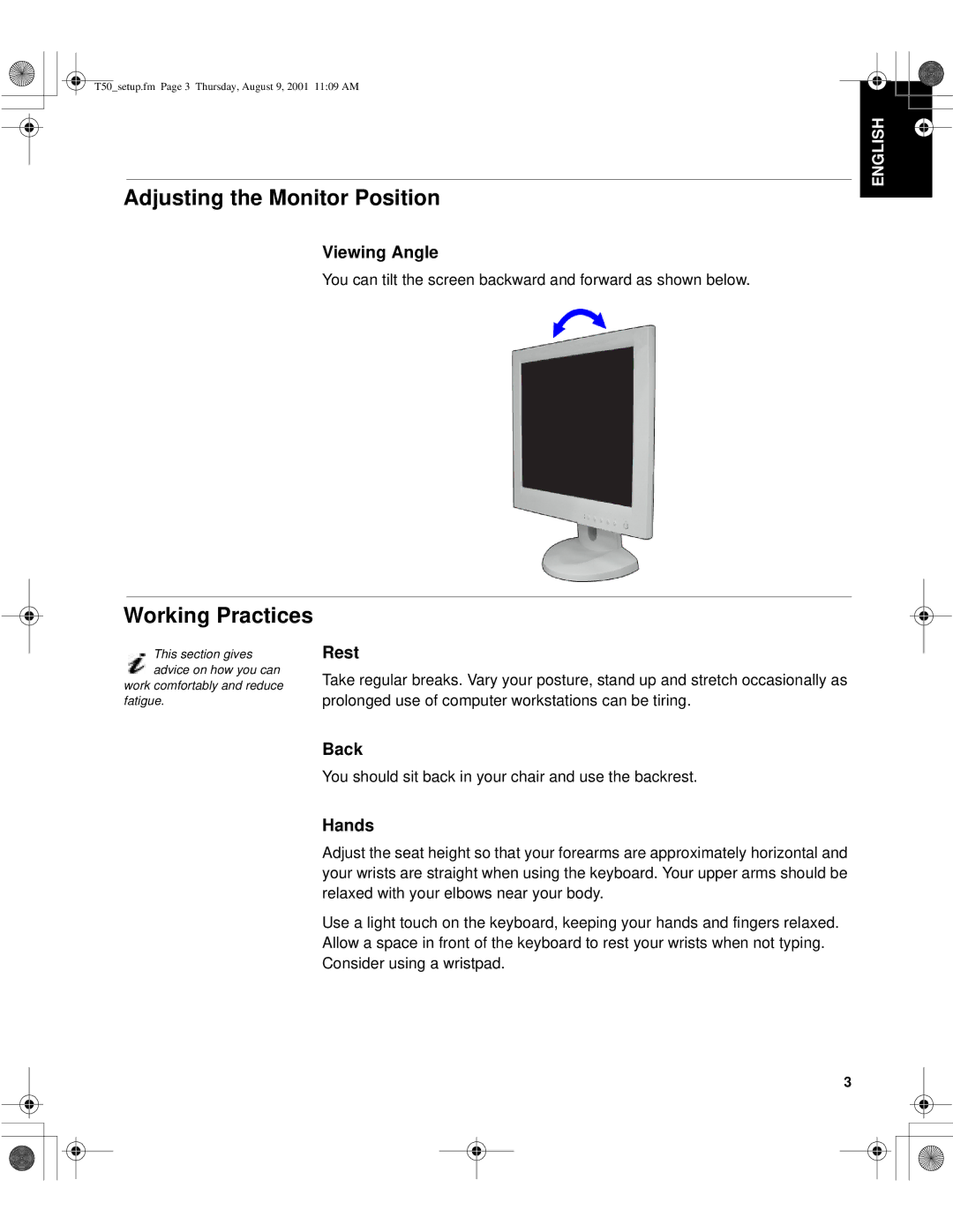 IBM 31P6259, T50, 9511-AWC, 9511-AGC manual Adjusting the Monitor Position, Working Practices, Viewing Angle, Back, Hands 