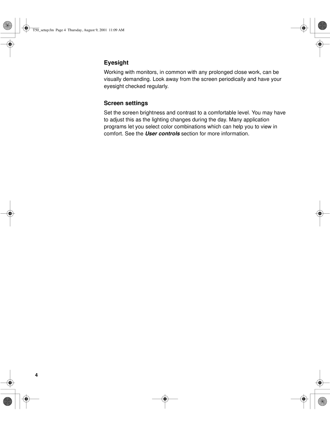 IBM T50, 9511-AWC, 9511-AGC, 31P6260, 31P6259 manual Eyesight, Screen settings 