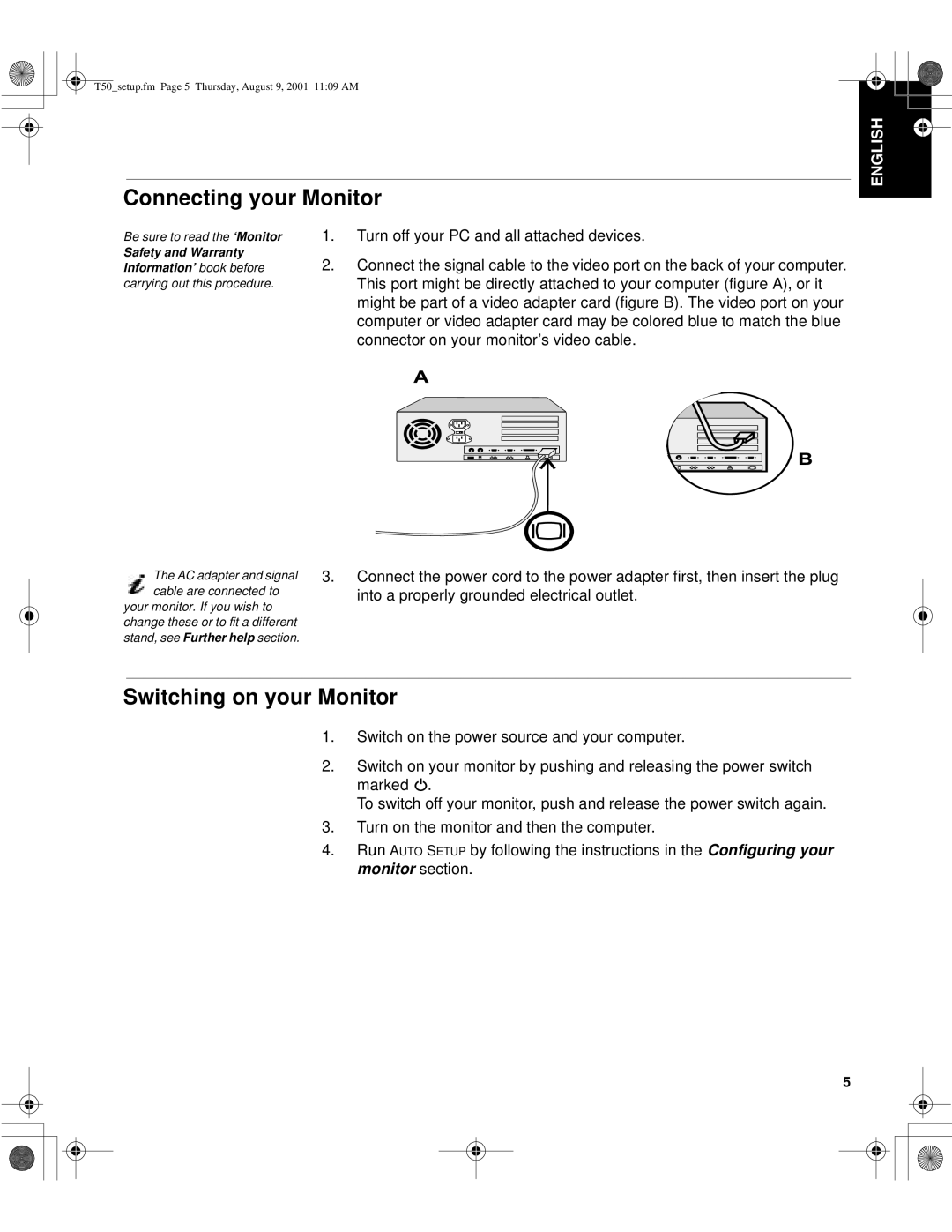 IBM T50, 9511-AWC, 9511-AGC, 31P6260, 31P6259 manual Connecting your Monitor, Switching on your Monitor 