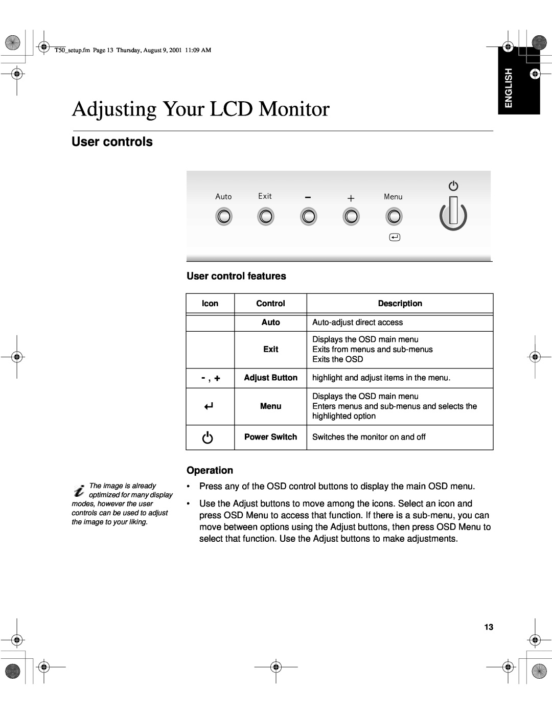 IBM 9511-AGC, T50, 9511-AWC Adjusting Your LCD Monitor, User controls, User control features, Operation, Français English 