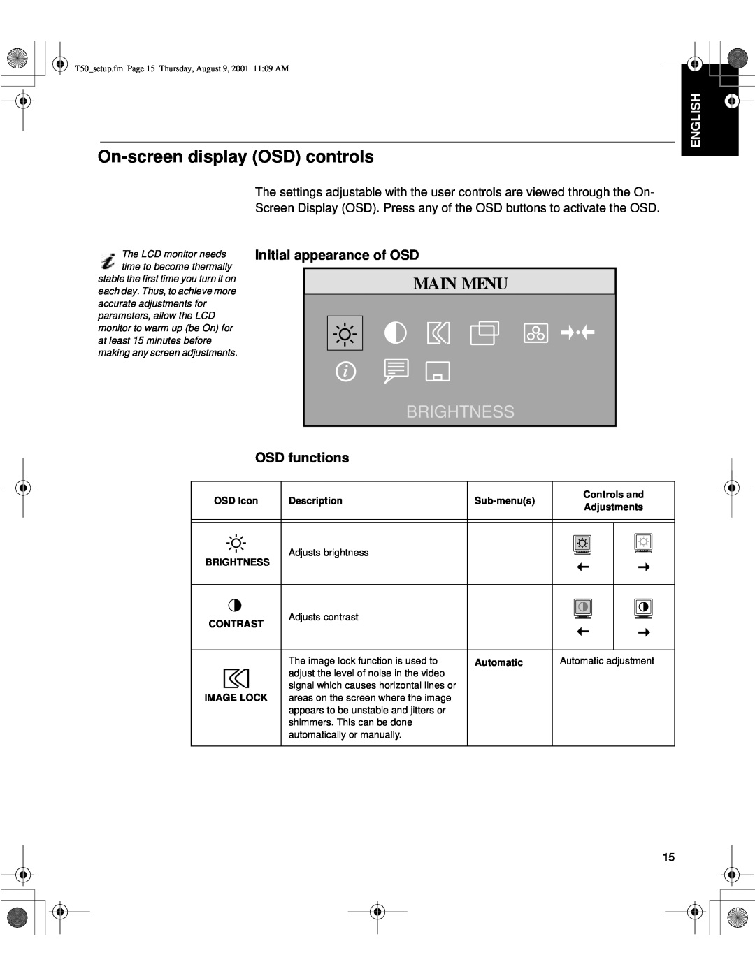 IBM 31P6259, T50 On-screen display OSD controls, Main Menu, Brightness, Initial appearance of OSD, OSD functions, English 