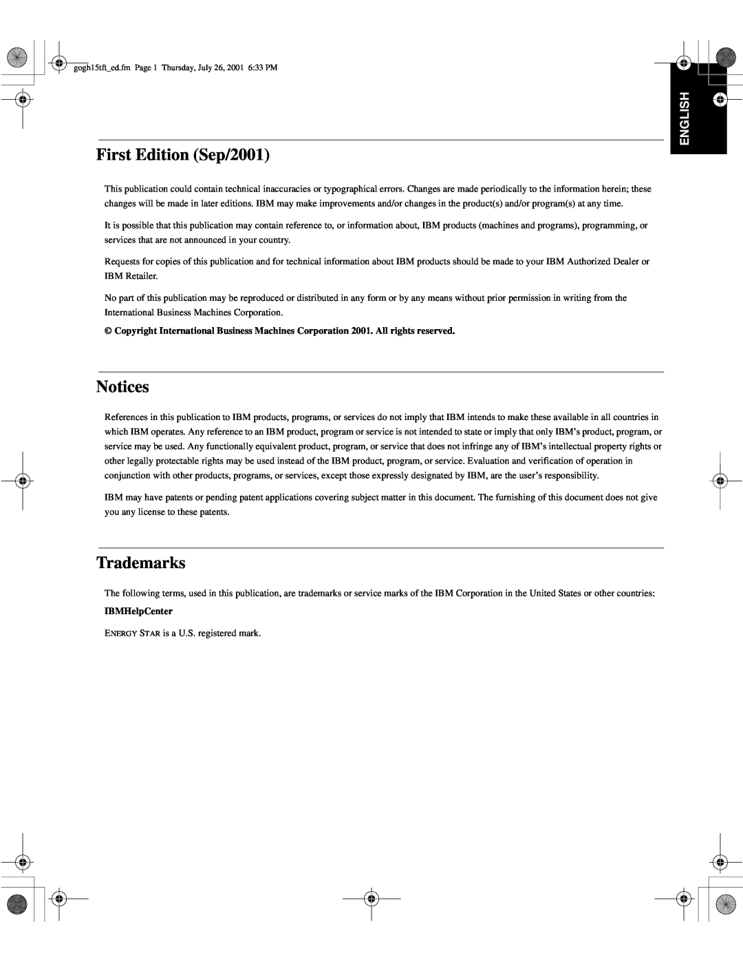 IBM 9511-AWC, T50 First Edition Sep/2001, Notices, Trademarks, Français English, Compl & Warr Japanese Italiano Español 