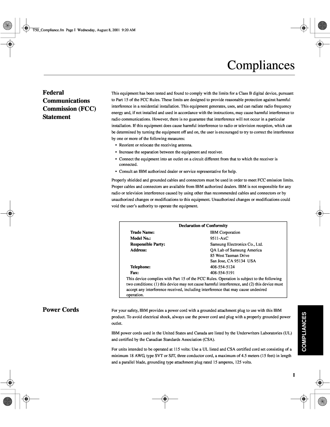IBM 9511-AGC, T50 manual Compliances, Declaration of Conformity, Trade Name, Model No, Responsible Party, Address, Telephone 