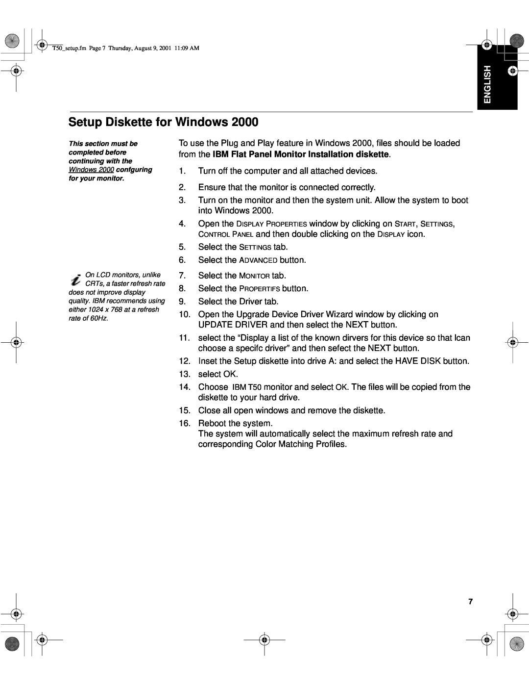 IBM 9511-AGC, T50, 9511-AWC manual Setup Diskette for Windows, English, from the IBM Flat Panel Monitor Installation diskette 