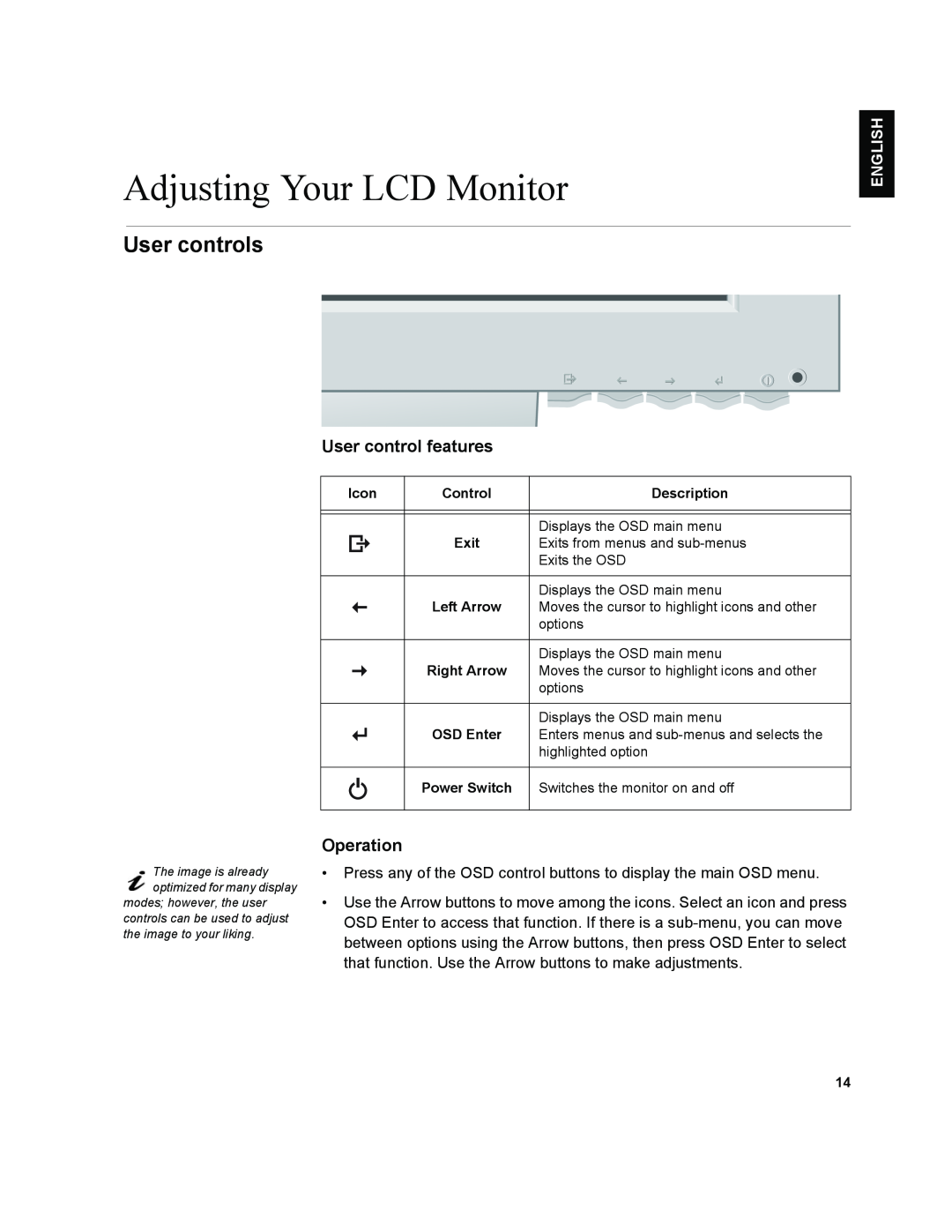 IBM T541A manual Adjusting Your LCD Monitor, User controls, User control features, Operation, Français English 