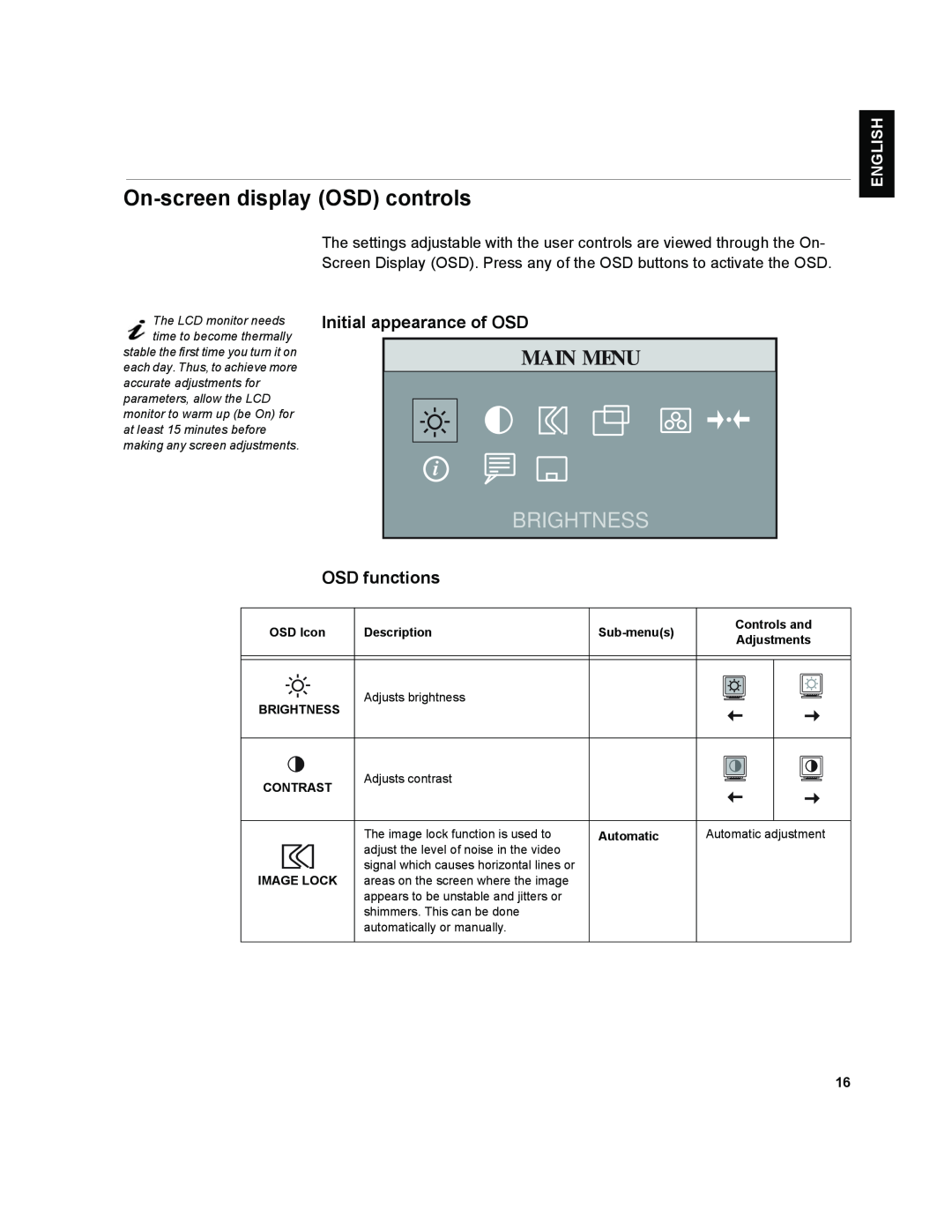 IBM T541A manual On-screen display OSD controls, Initial appearance of OSD, OSD functions, Main Menu, Brightness, English 