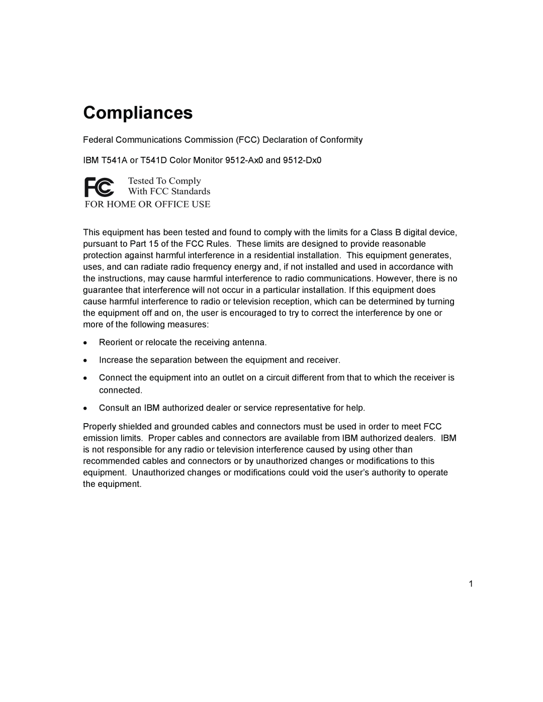 IBM T541A manual Compliances, Tested To Comply With FCC Standards FOR HOME OR OFFICE USE 