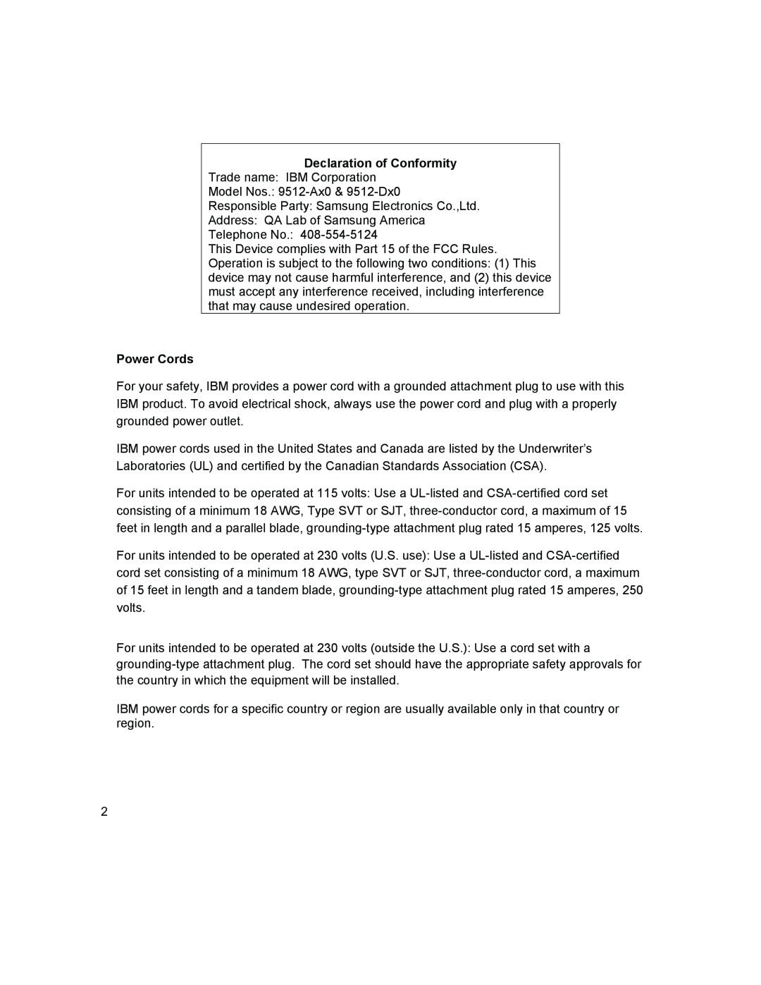 IBM T541A manual Declaration of Conformity, Power Cords 