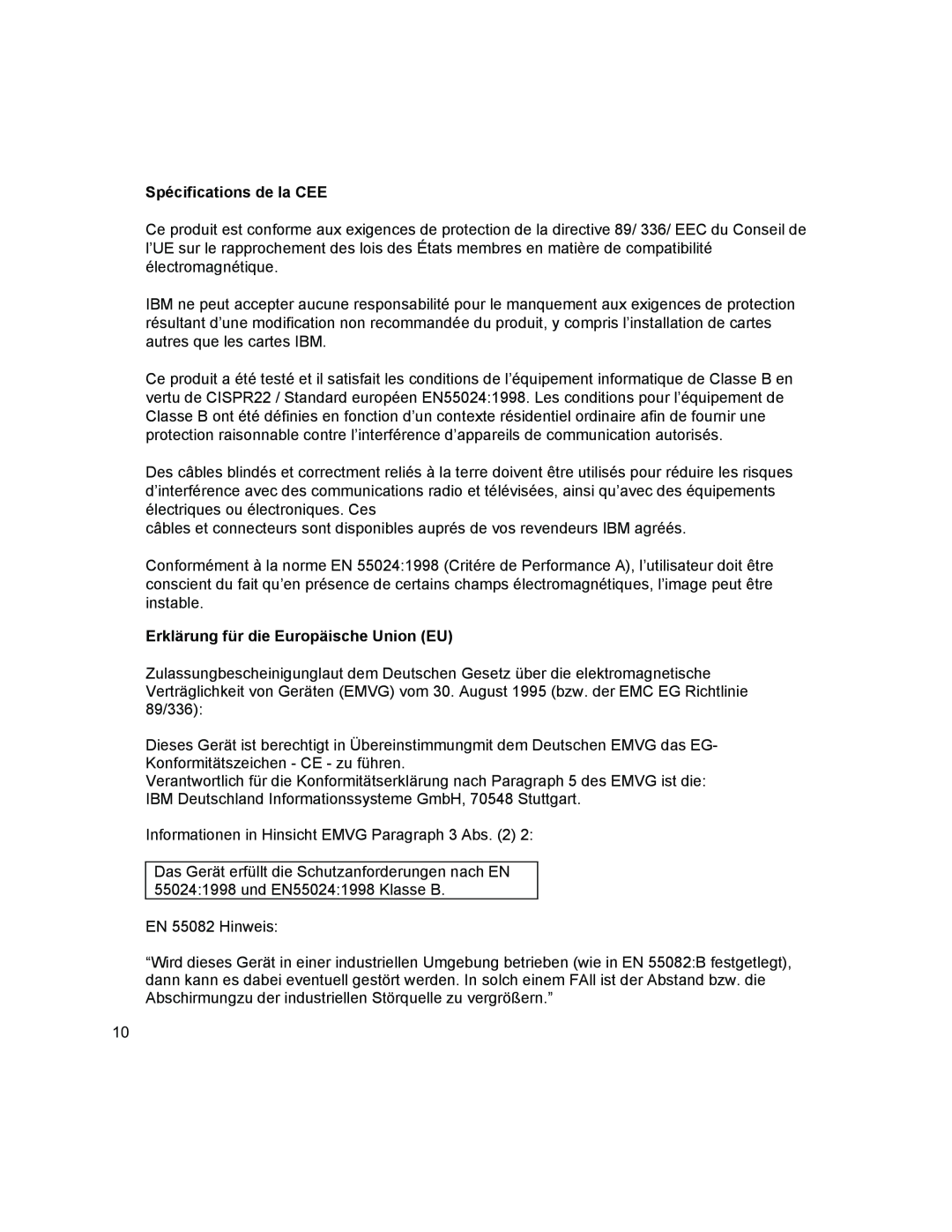 IBM T541A manual Spécifications de la CEE, Erklärung für die Europäische Union EU 
