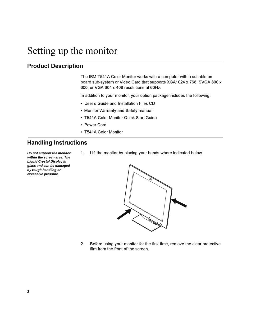 IBM T541A manual Setting up the monitor, Product Description, Handling Instructions 