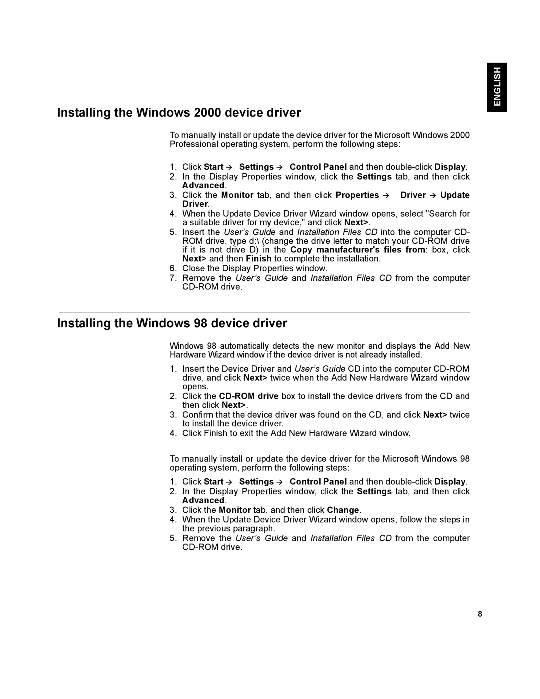 IBM T541A manual Installing the Windows 2000 device driver, Installing the Windows 98 device driver 