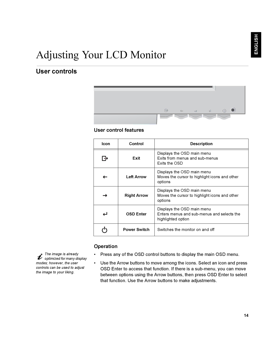 IBM T541A manual Adjusting Your LCD Monitor, User controls, User control features, Operation, Français English 