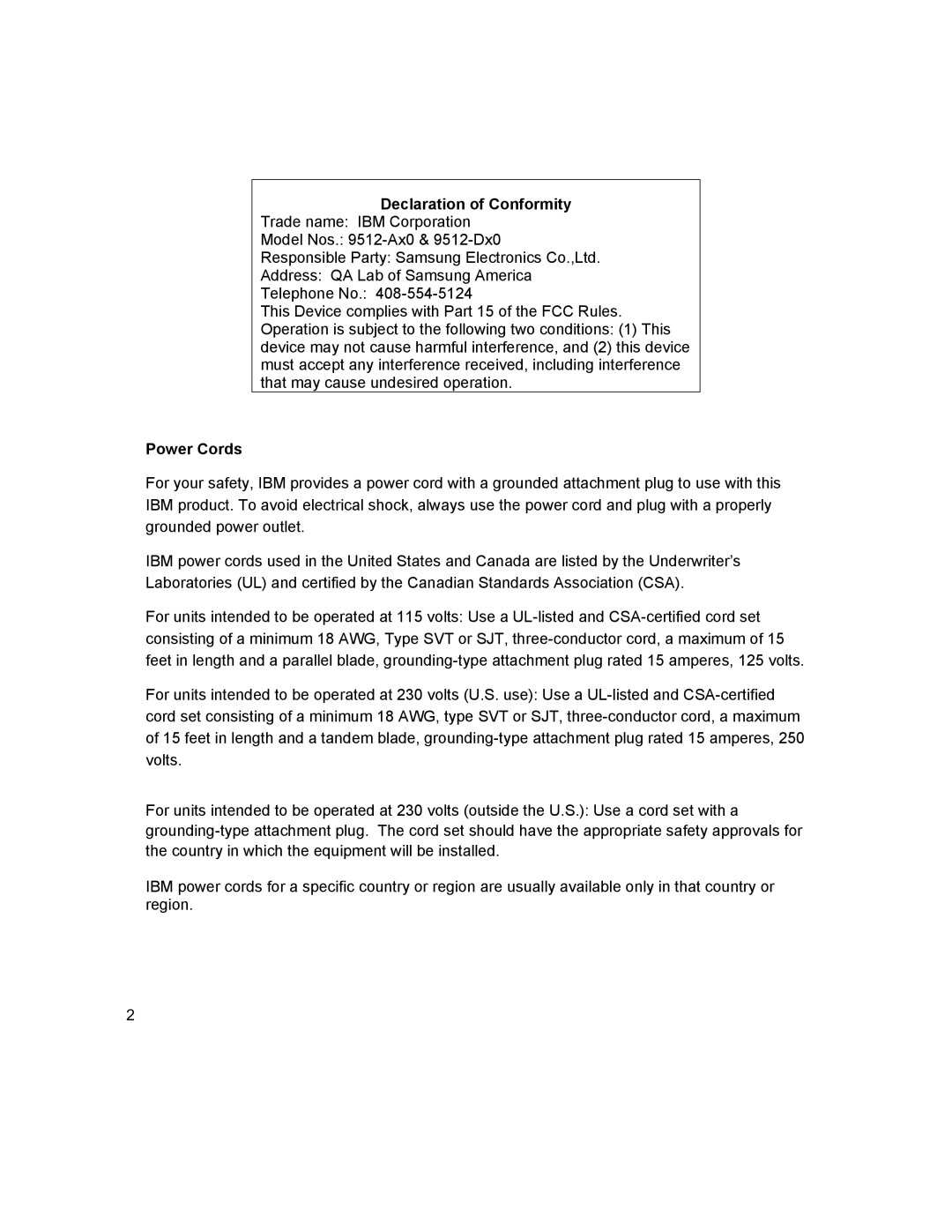 IBM T541A manual Declaration of Conformity, Power Cords 