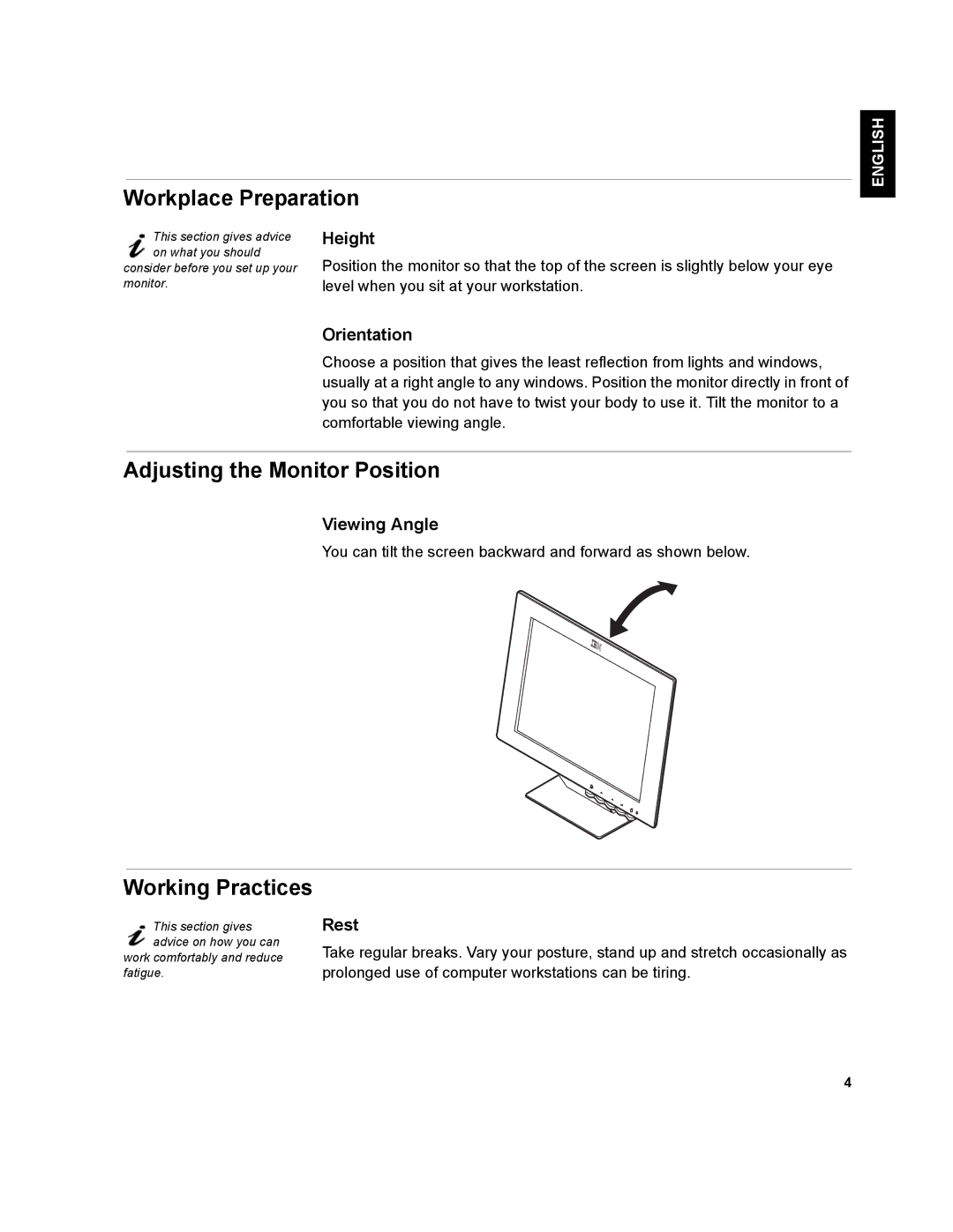 IBM T541A manual Workplace Preparation, Adjusting the Monitor Position, Working Practices, Orientation, Viewing Angle 