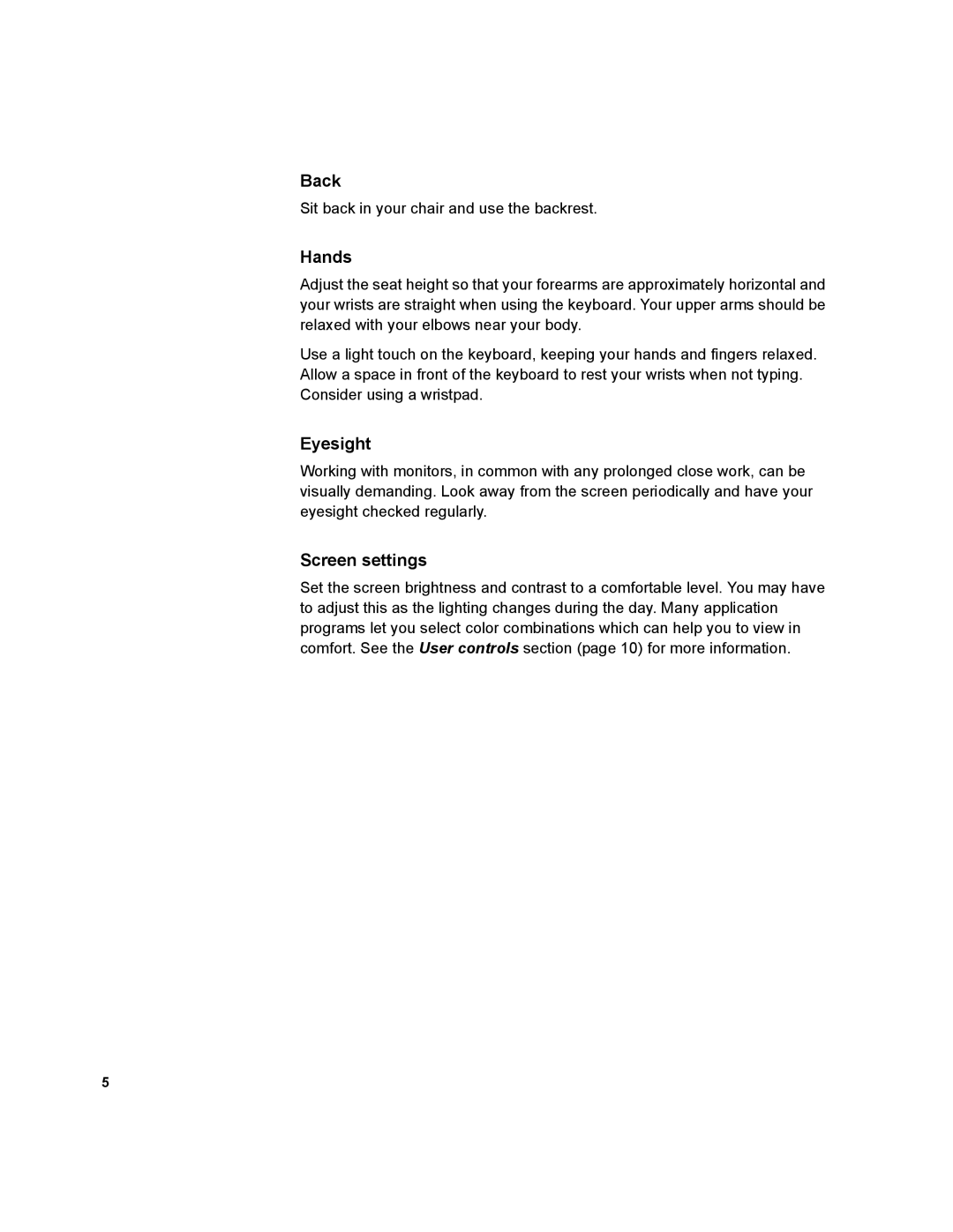 IBM T541A manual Back, Hands, Eyesight, Screen settings 