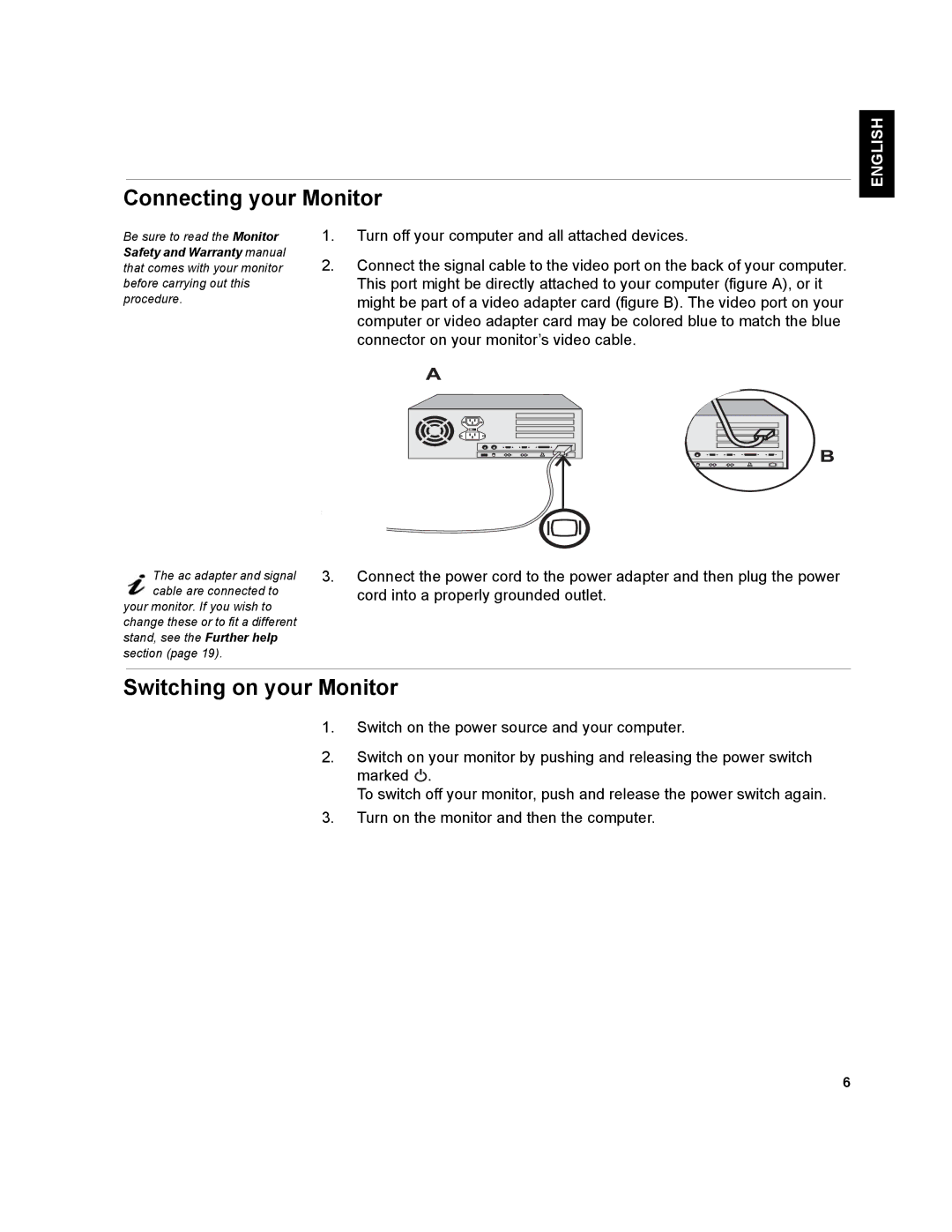 IBM T541A manual Connecting your Monitor, Switching on your Monitor, English, Français 