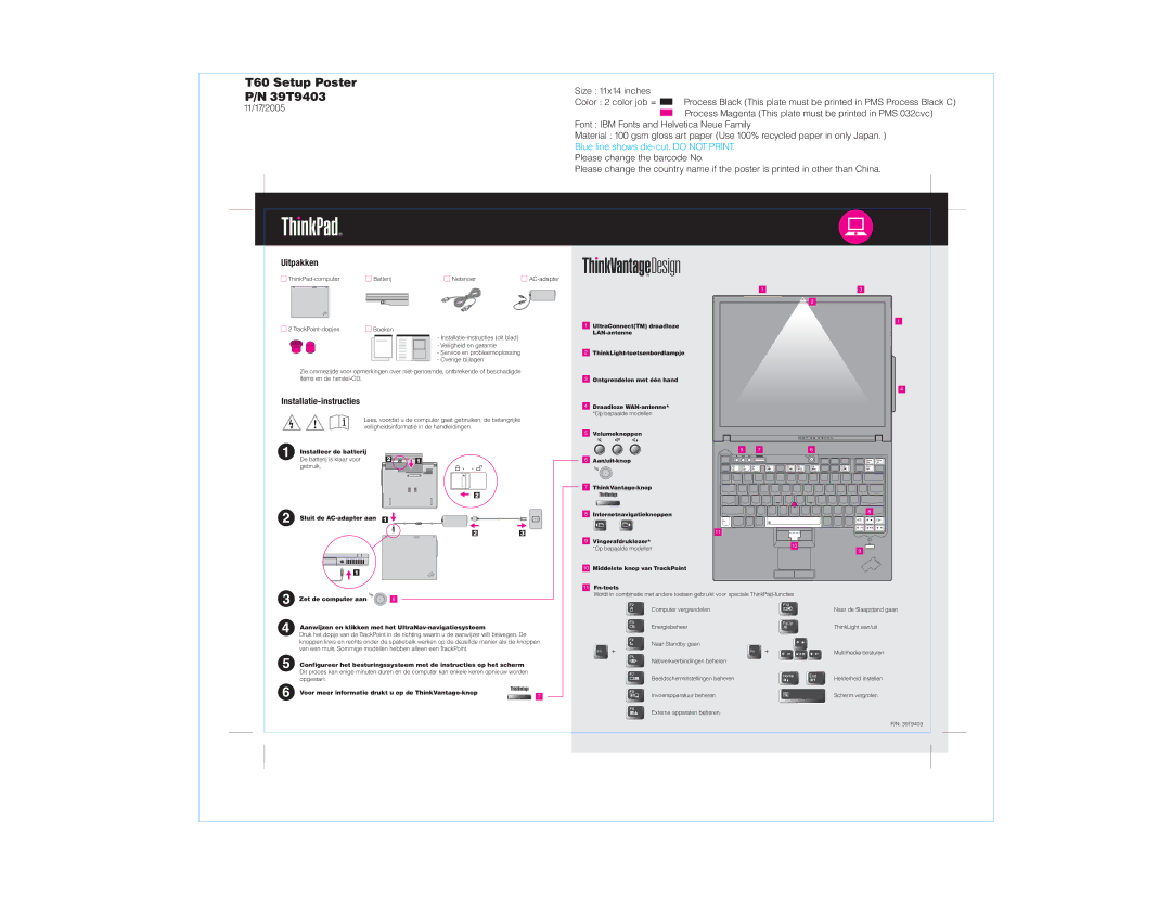 IBM manual T60 Setup Poster P/N 39T9403, Uitpakken, Installatie-instructies 