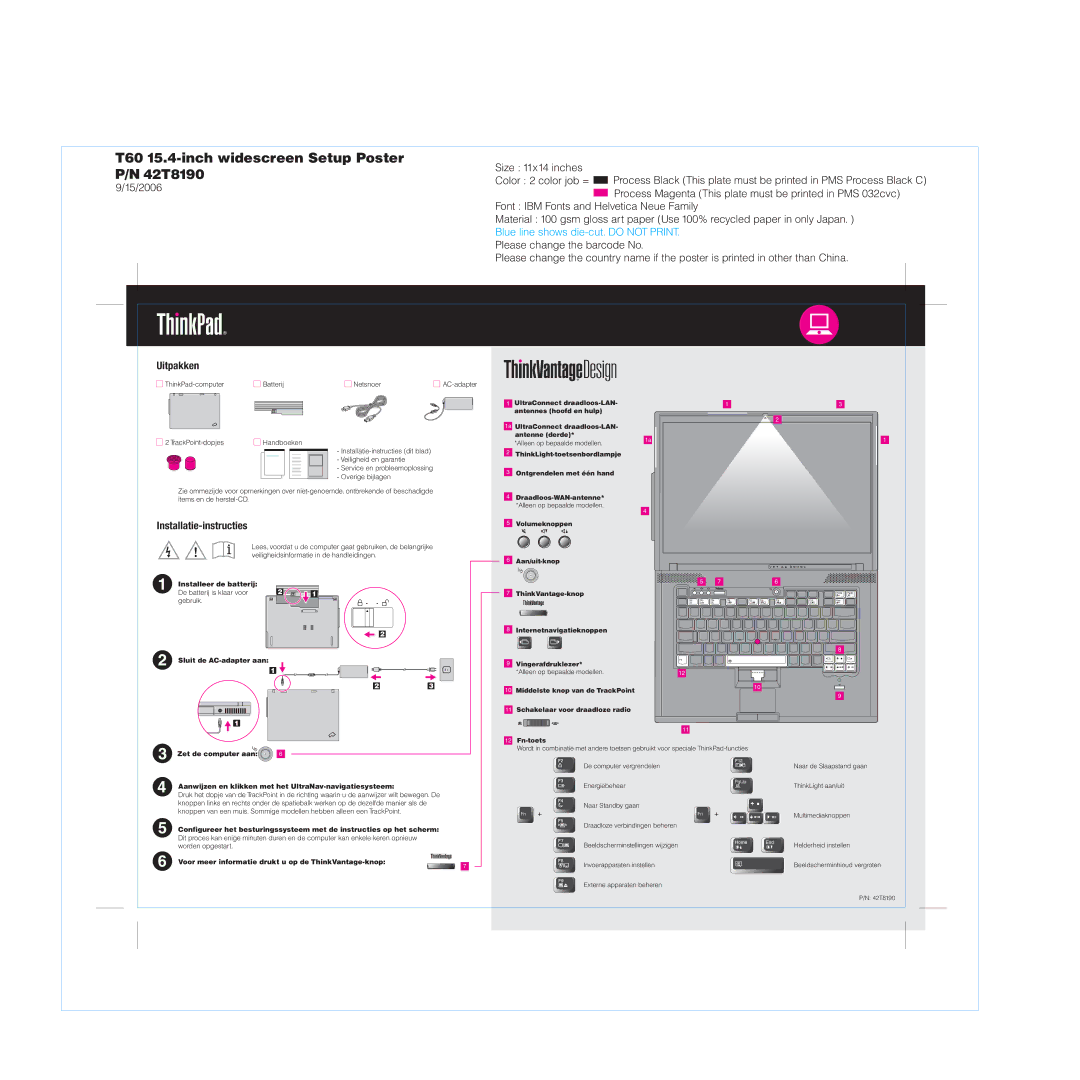 IBM T60 manual Uitpakken, Installatie-instructies 