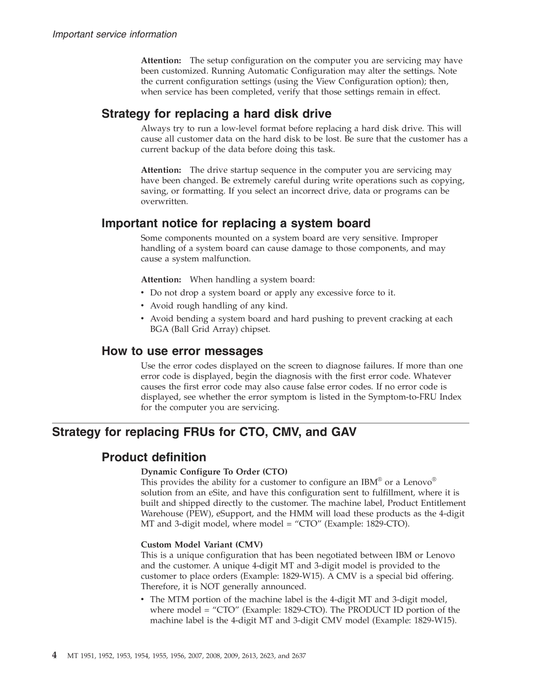 IBM T60P Strategy for replacing a hard disk drive, Important notice for replacing a system board, Custom Model Variant CMV 