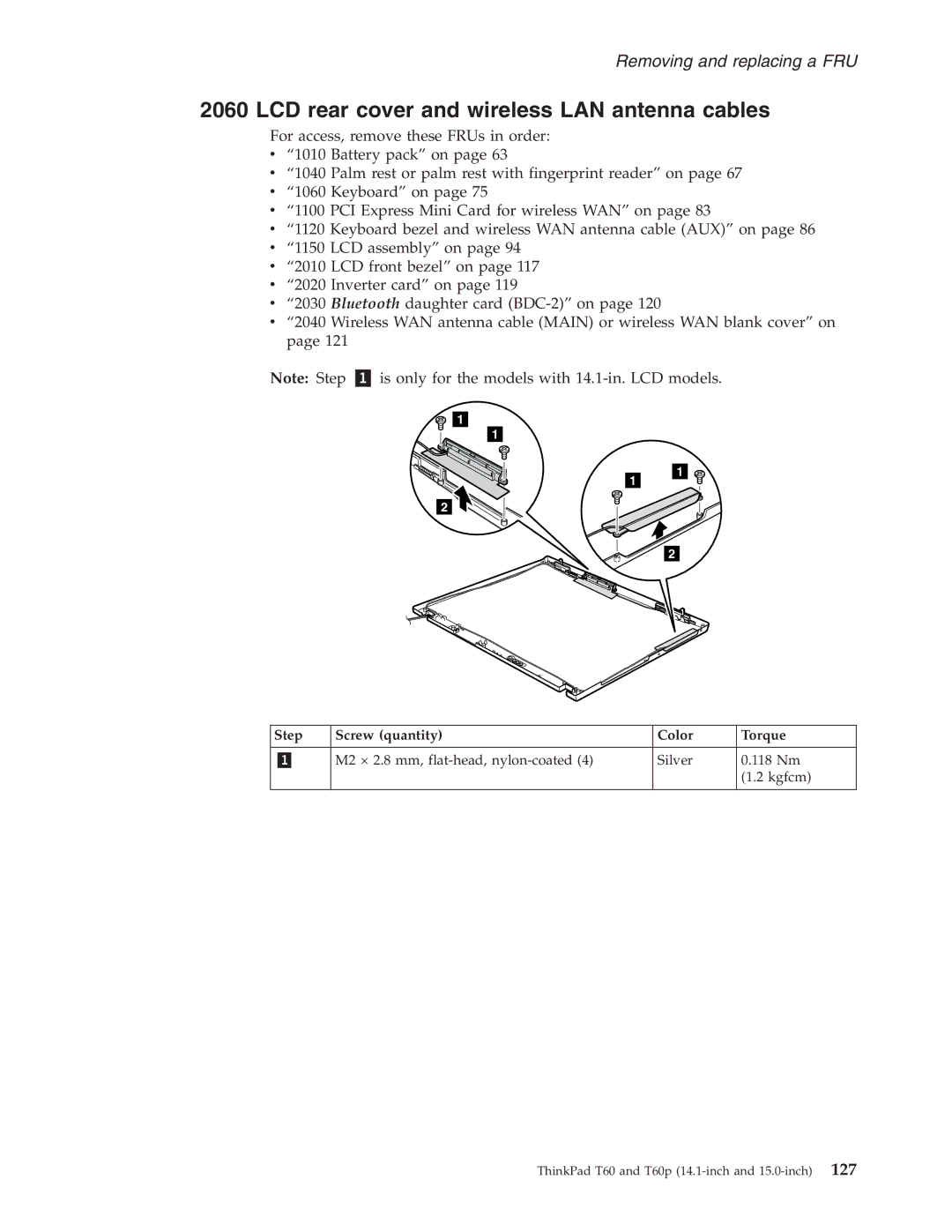 IBM T60P manual LCD rear cover and wireless LAN antenna cables 