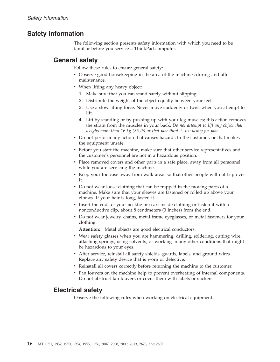 IBM T60P manual Safety information, General safety, Electrical safety 