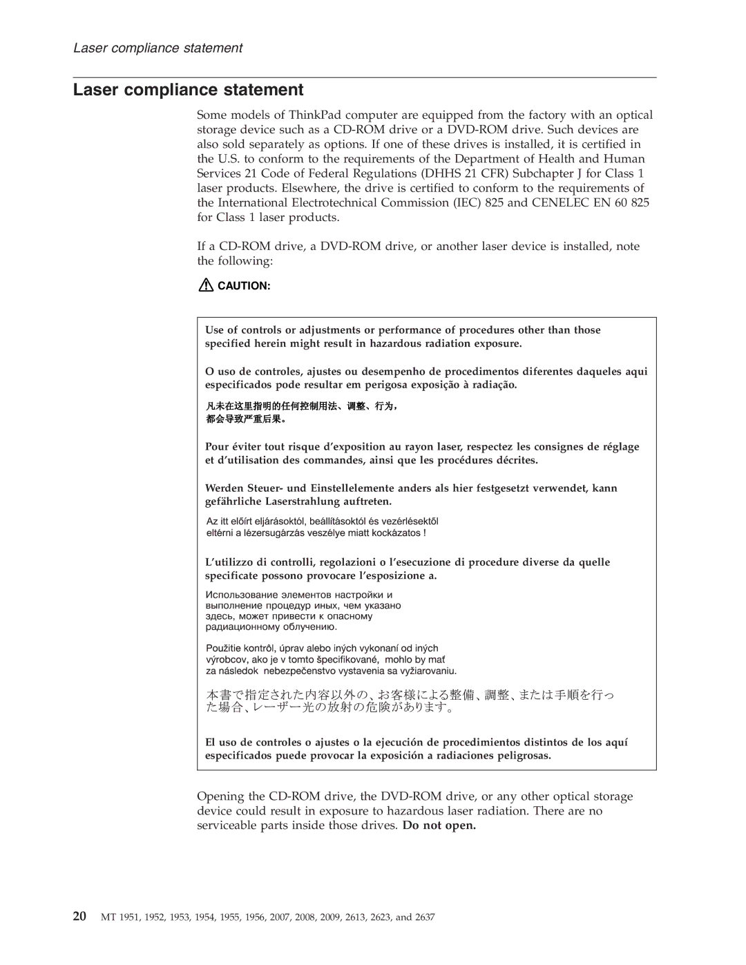 IBM T60P manual Laser compliance statement 