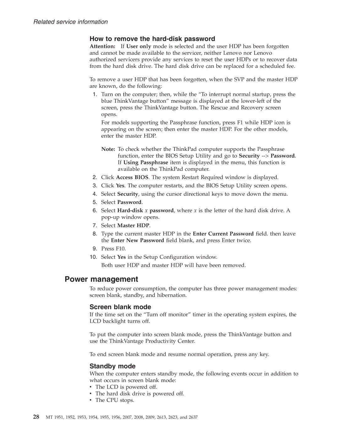 IBM T60P manual Power management, How to remove the hard-disk password, Screen blank mode, Standby mode, Select Master HDP 