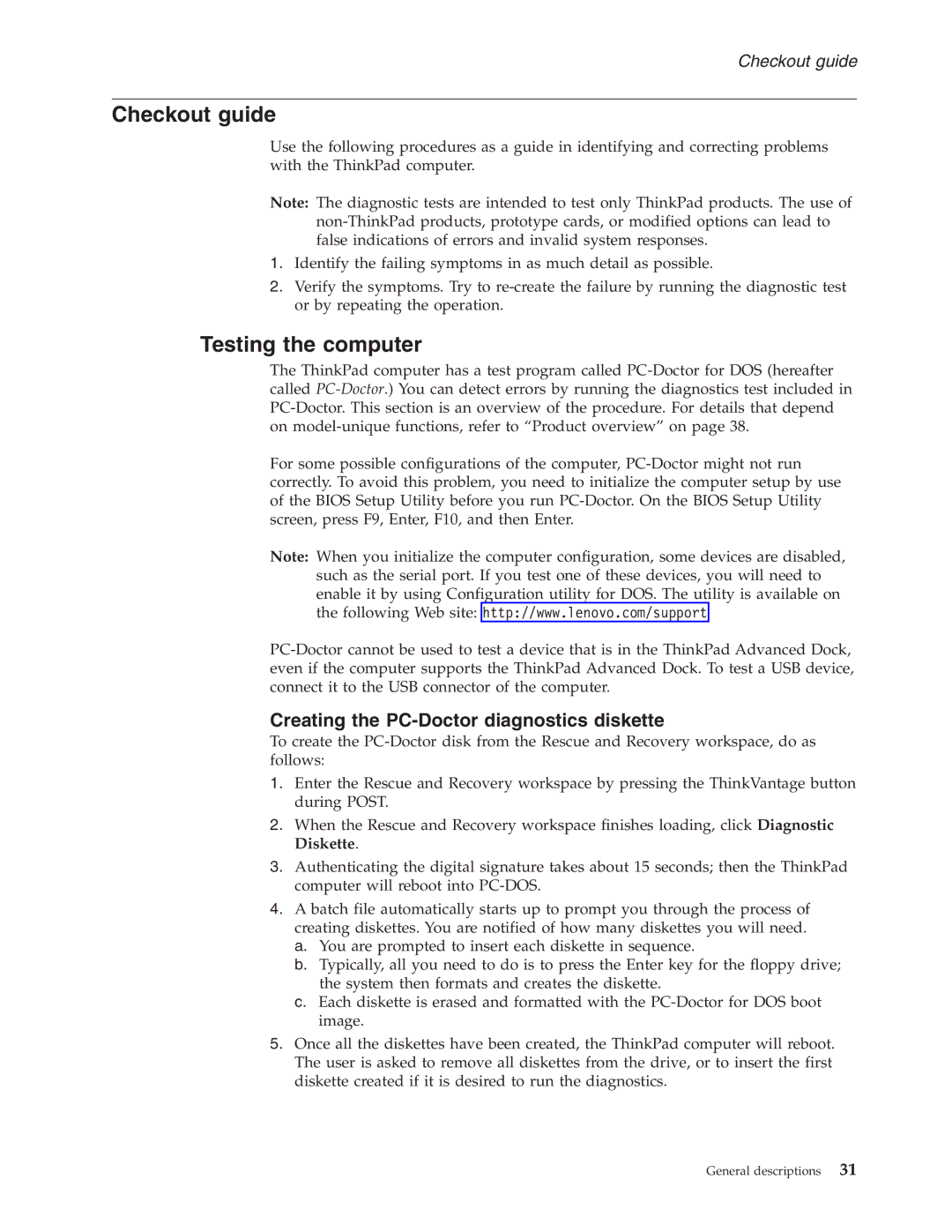 IBM T60P manual Checkout guide, Testing the computer, Creating the PC-Doctor diagnostics diskette 