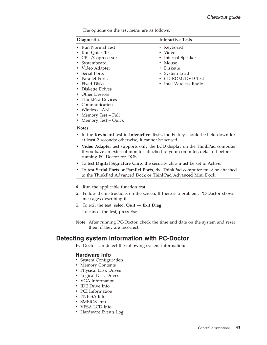 IBM T60P manual Detecting system information with PC-Doctor, Hardware Info, Diagnostics Interactive Tests 