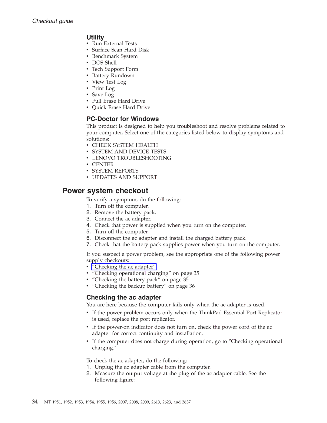 IBM T60P manual Power system checkout, Utility, PC-Doctor for Windows, Checking the ac adapter 