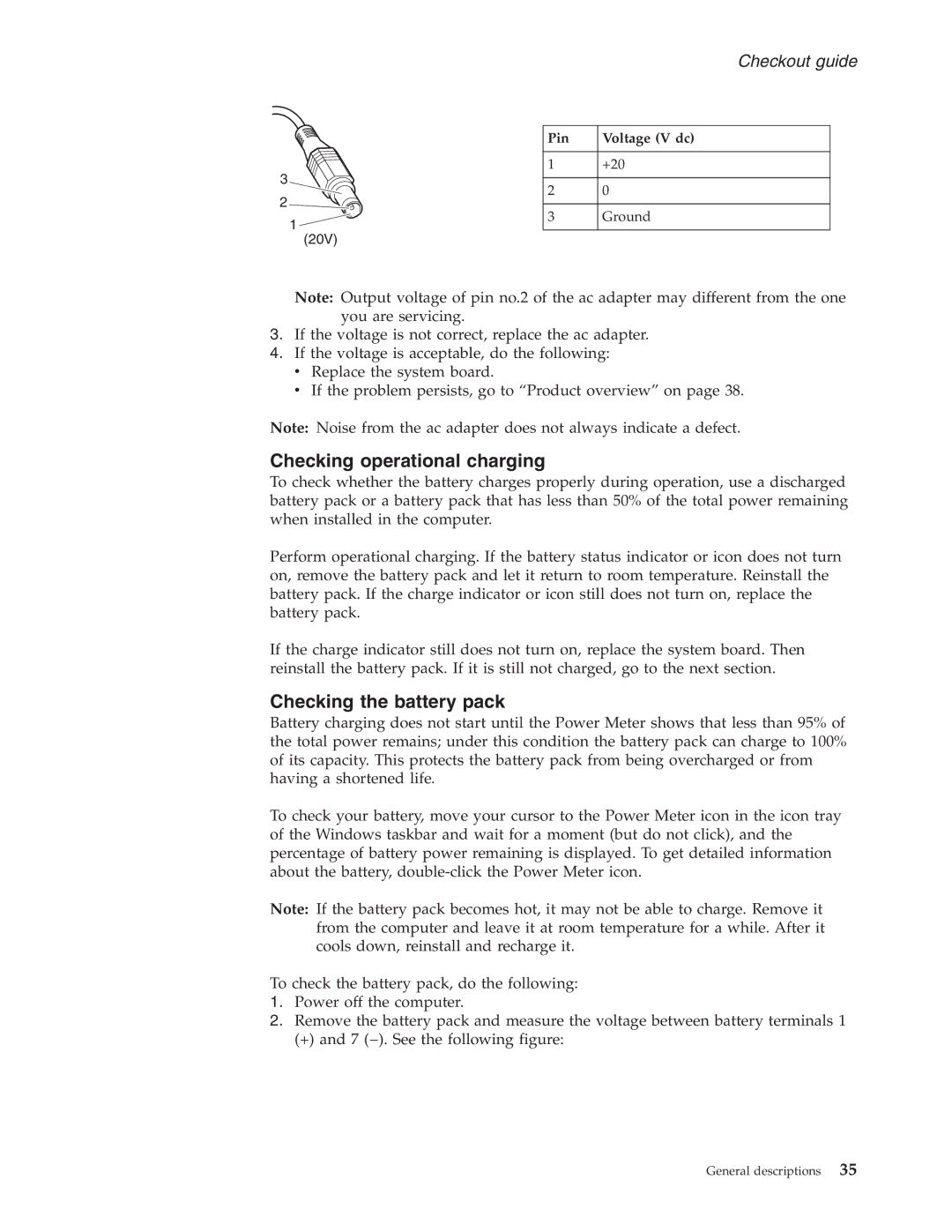 IBM T60P manual Checking operational charging, Checking the battery pack, Pin Voltage V dc 