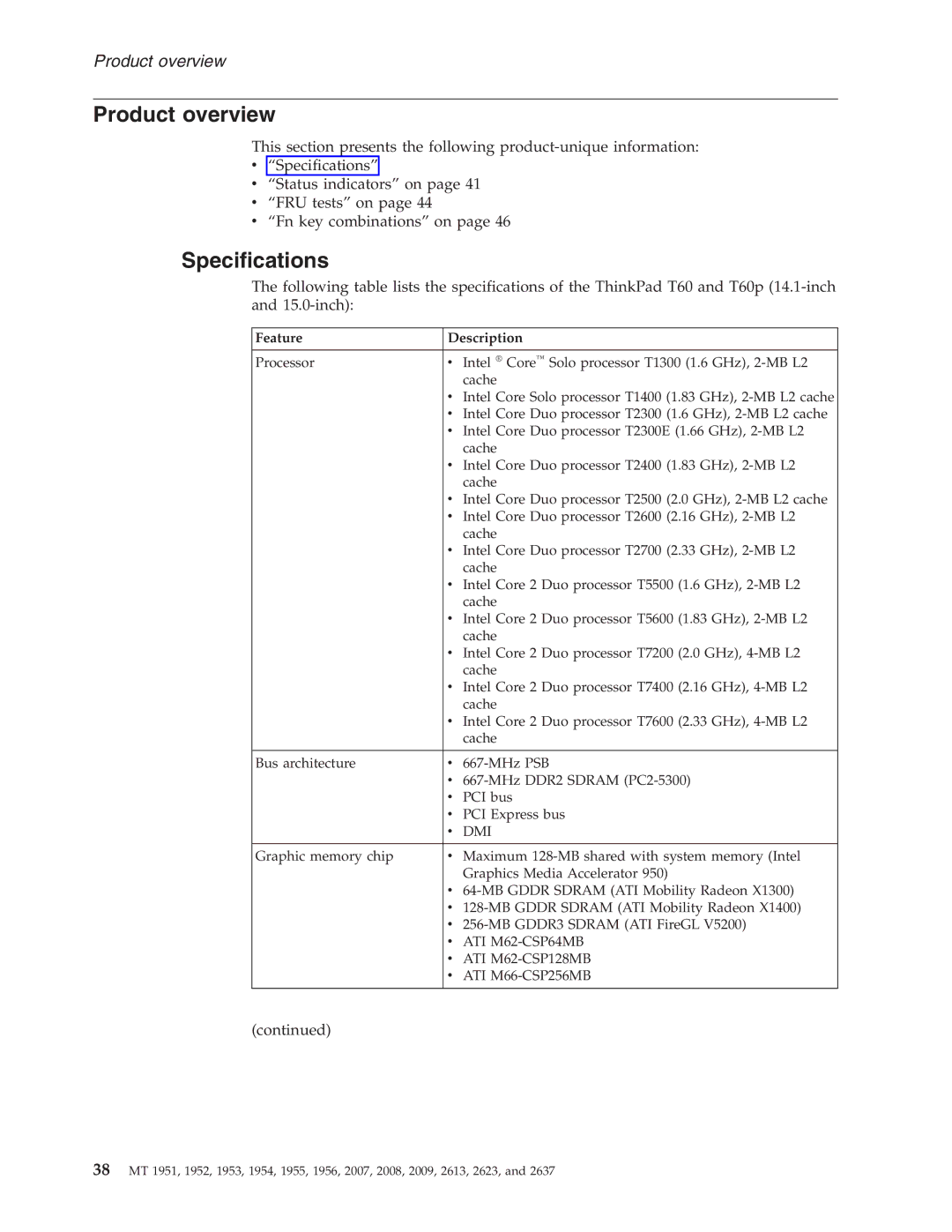 IBM T60P manual Product overview, Specifications, Feature Description 