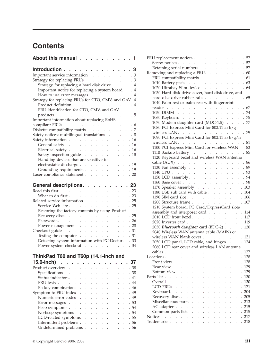 IBM T60P manual Contents 