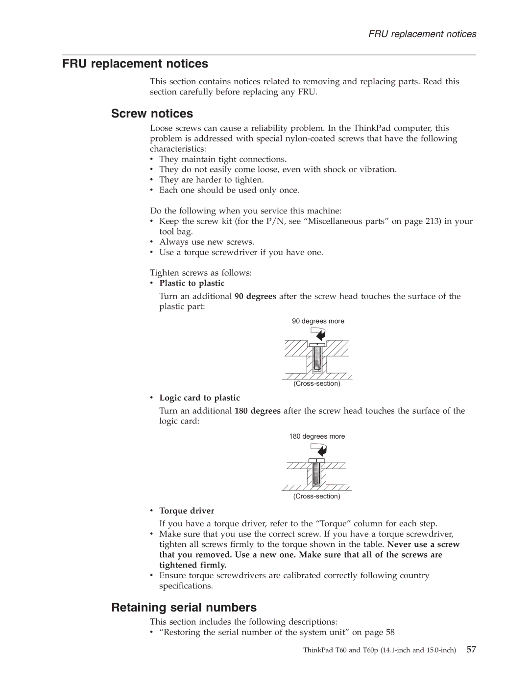 IBM T60P manual FRU replacement notices, Screw notices, Retaining serial numbers 