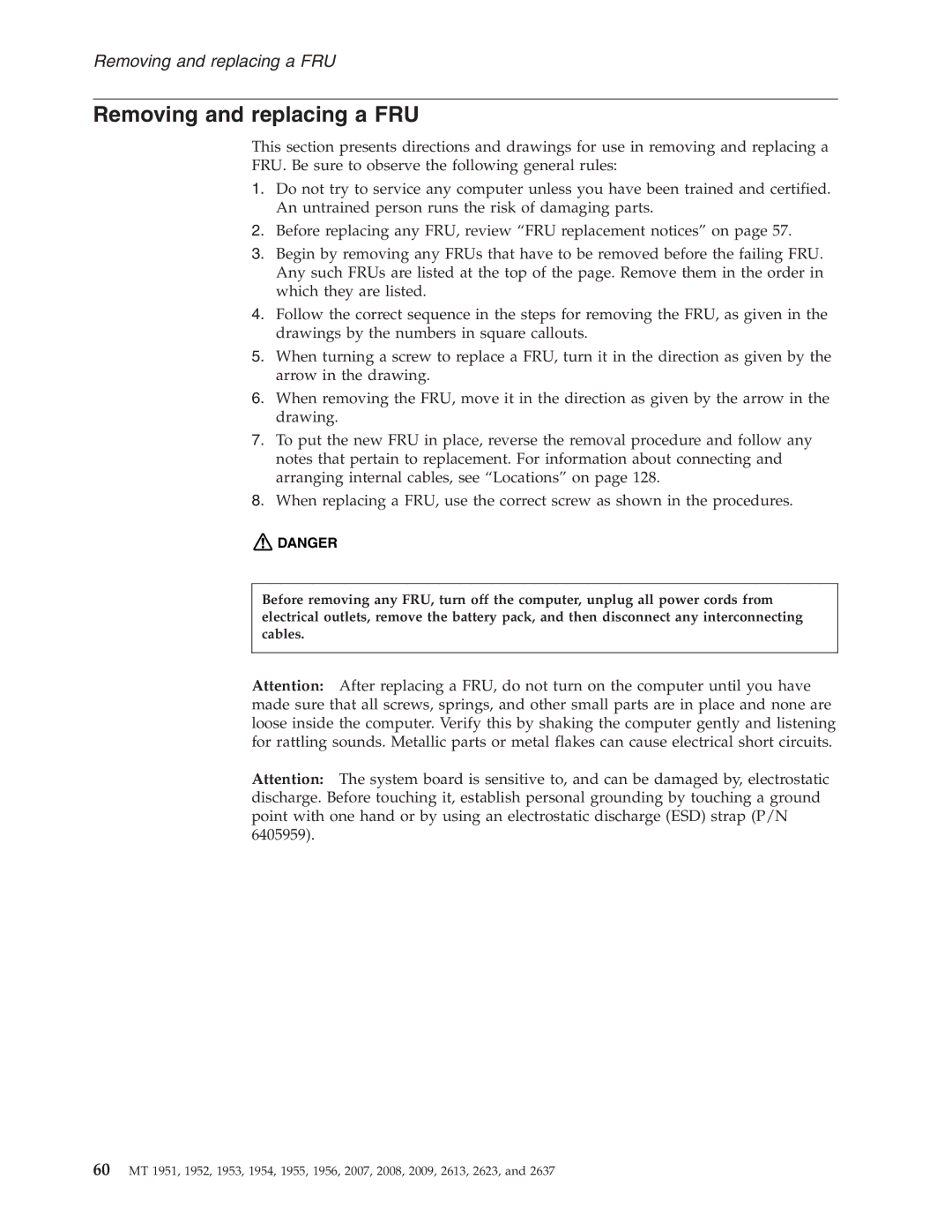 IBM T60P manual Removing and replacing a FRU 