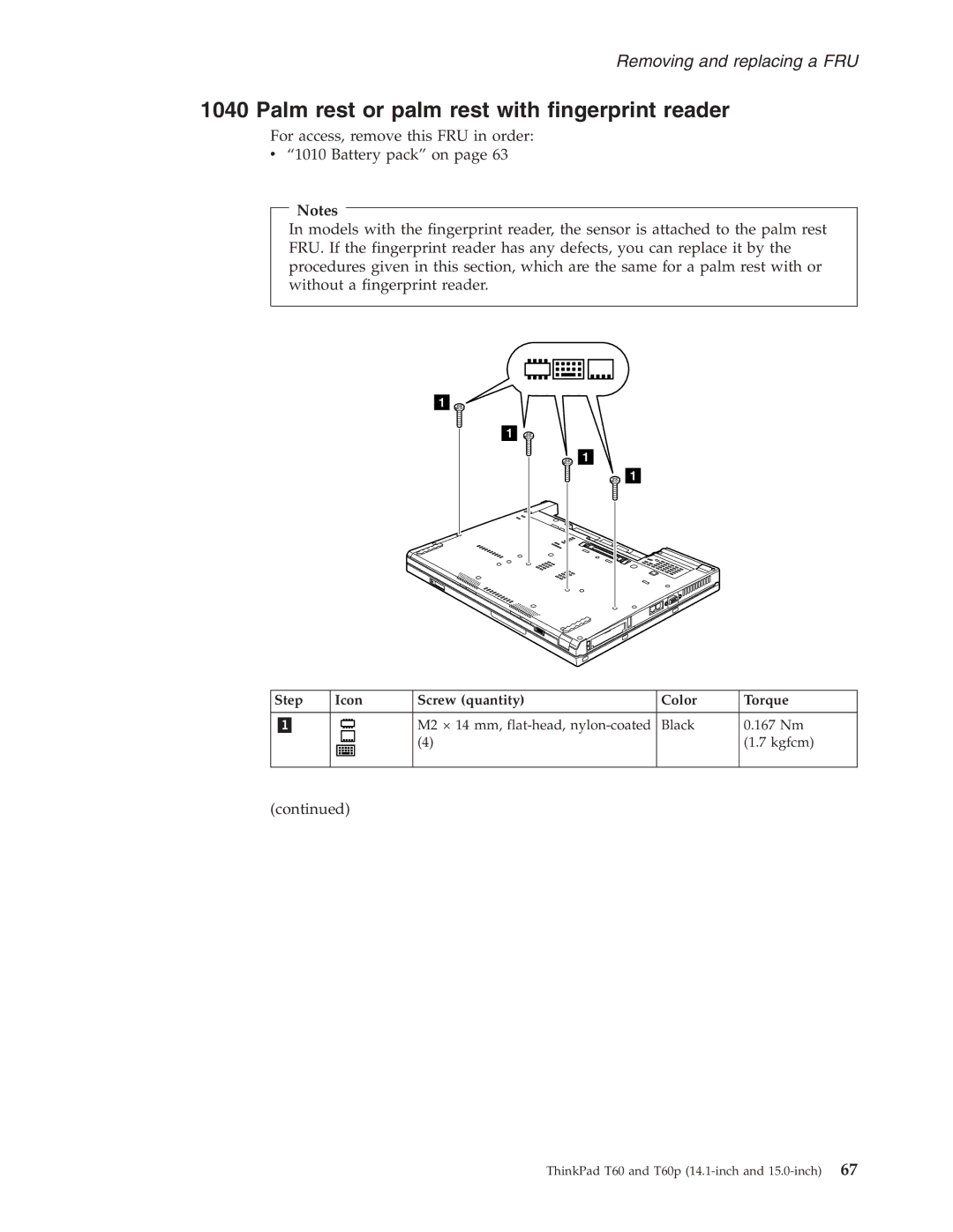 IBM T60P manual Palm rest or palm rest with fingerprint reader, Step Icon Screw quantity Color Torque 