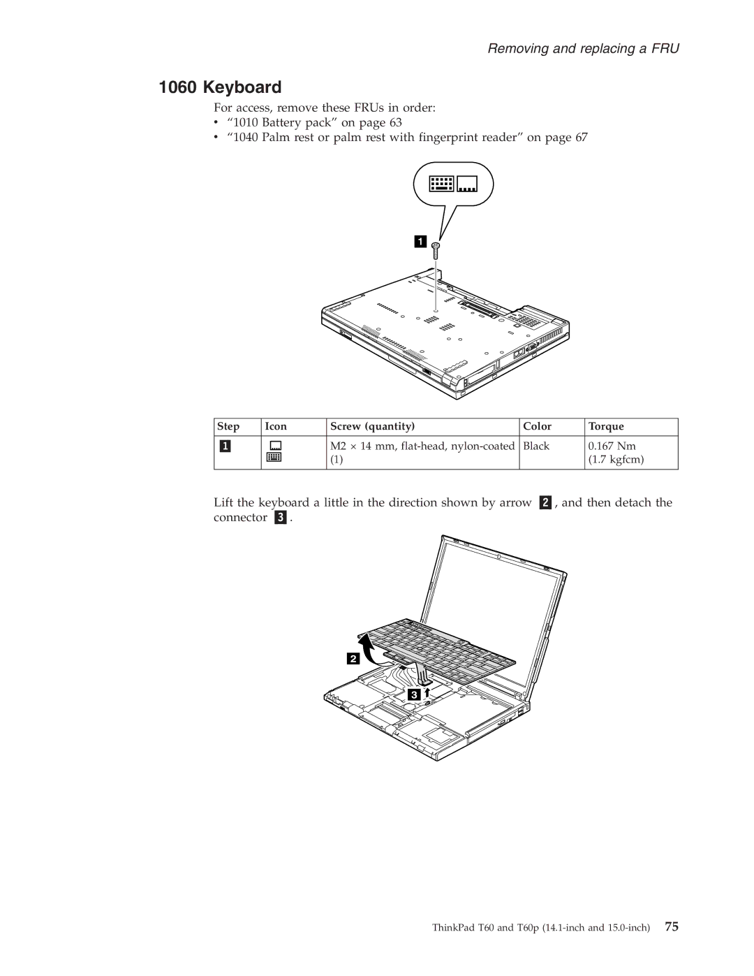 IBM T60P manual Keyboard, Step Icon Screw quantity Color Torque 