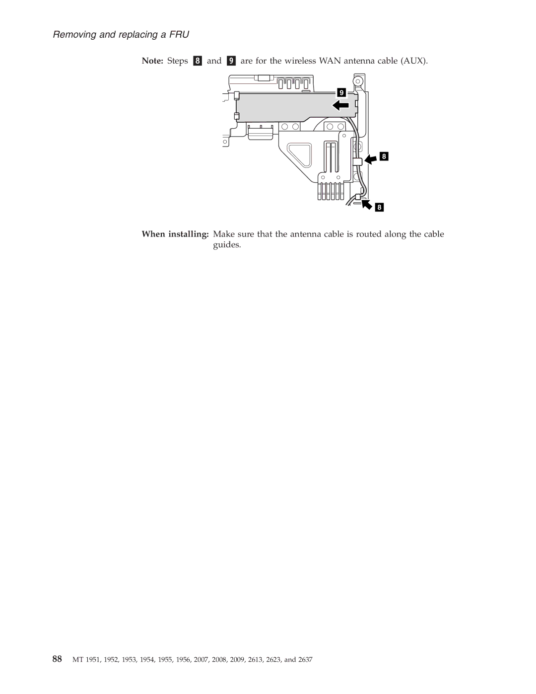 IBM T60P manual Are for the wireless WAN antenna cable AUX 