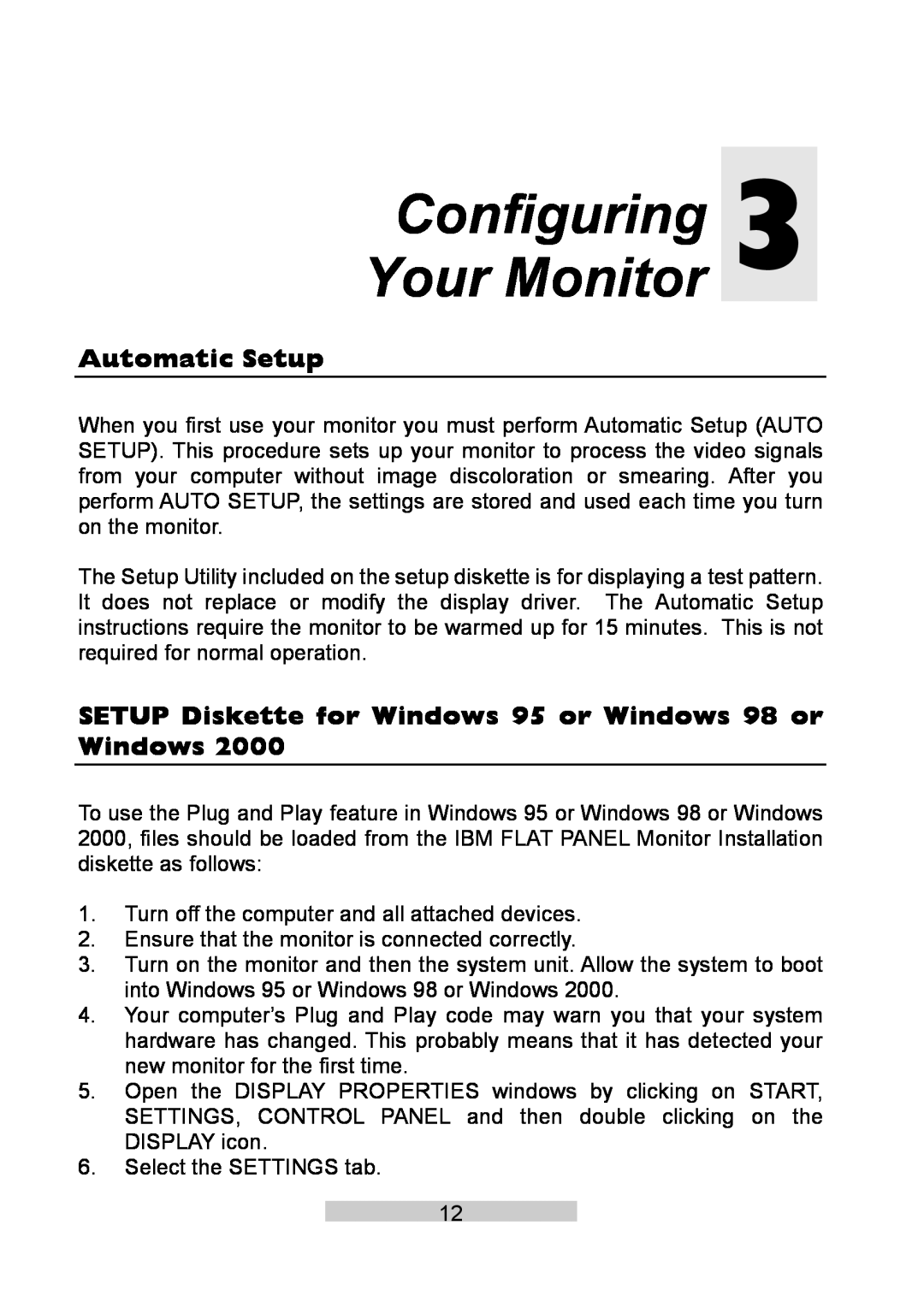 IBM T86A system manual Configuring Your Monitor, Automatic Setup, SETUP Diskette for Windows 95 or Windows 98 or Windows 