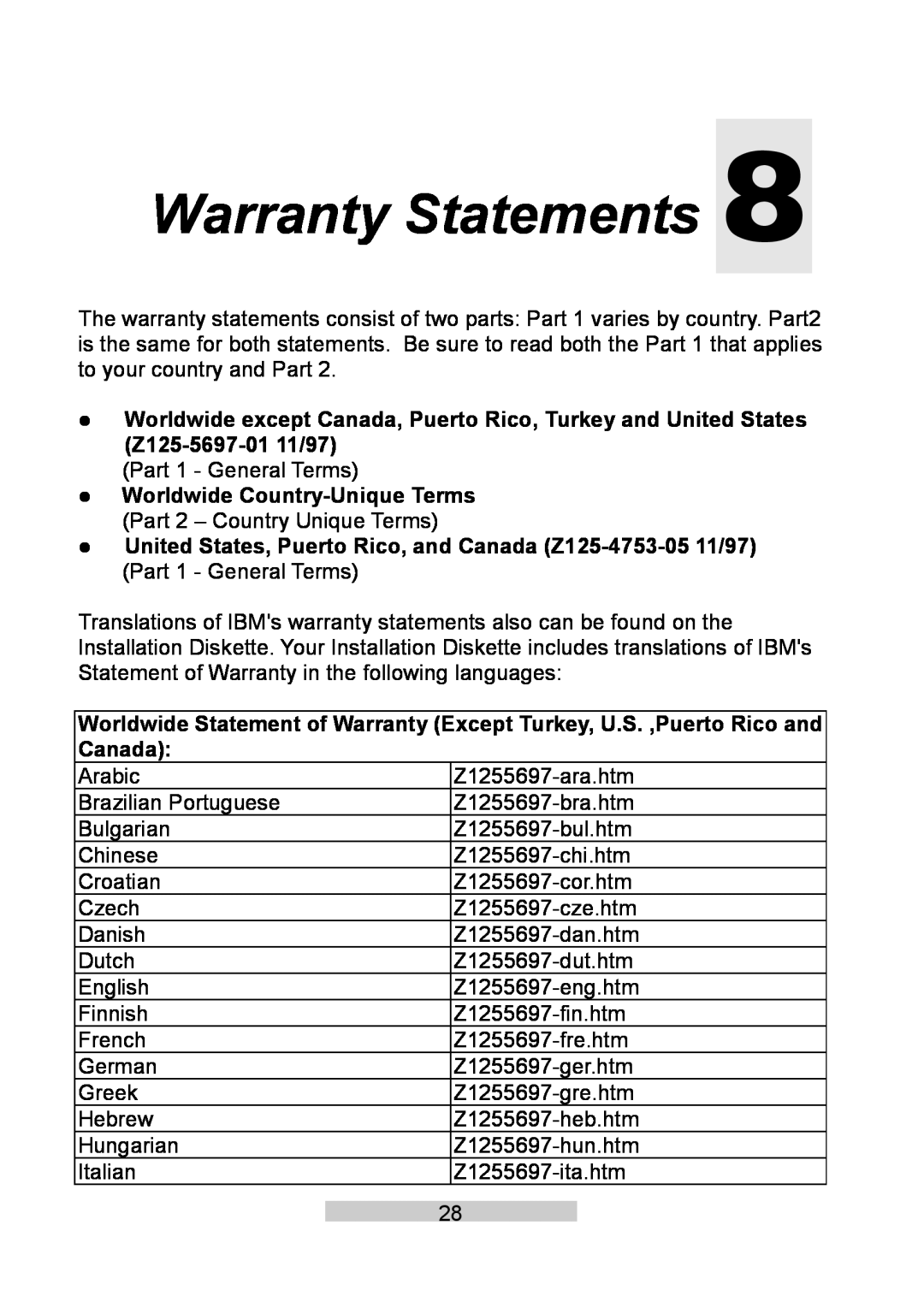 IBM T86A system manual Warranty Statements, z Worldwide Country-Unique Terms Part 2 - Country Unique Terms 