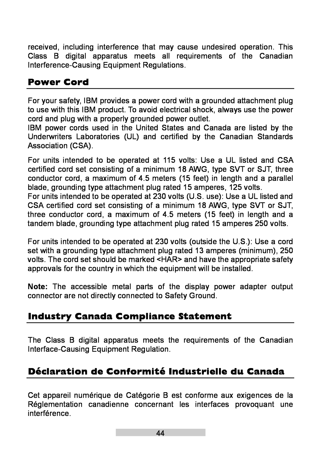 IBM T86A system manual Power Cord, Industry Canada Compliance Statement, Déclaration de Conformité Industrielle du Canada 