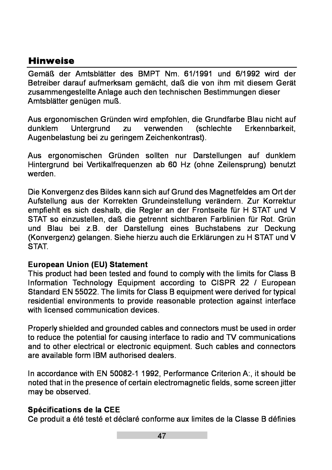 IBM T86A system manual Hinweise, European Union EU Statement, Spécifications de la CEE 