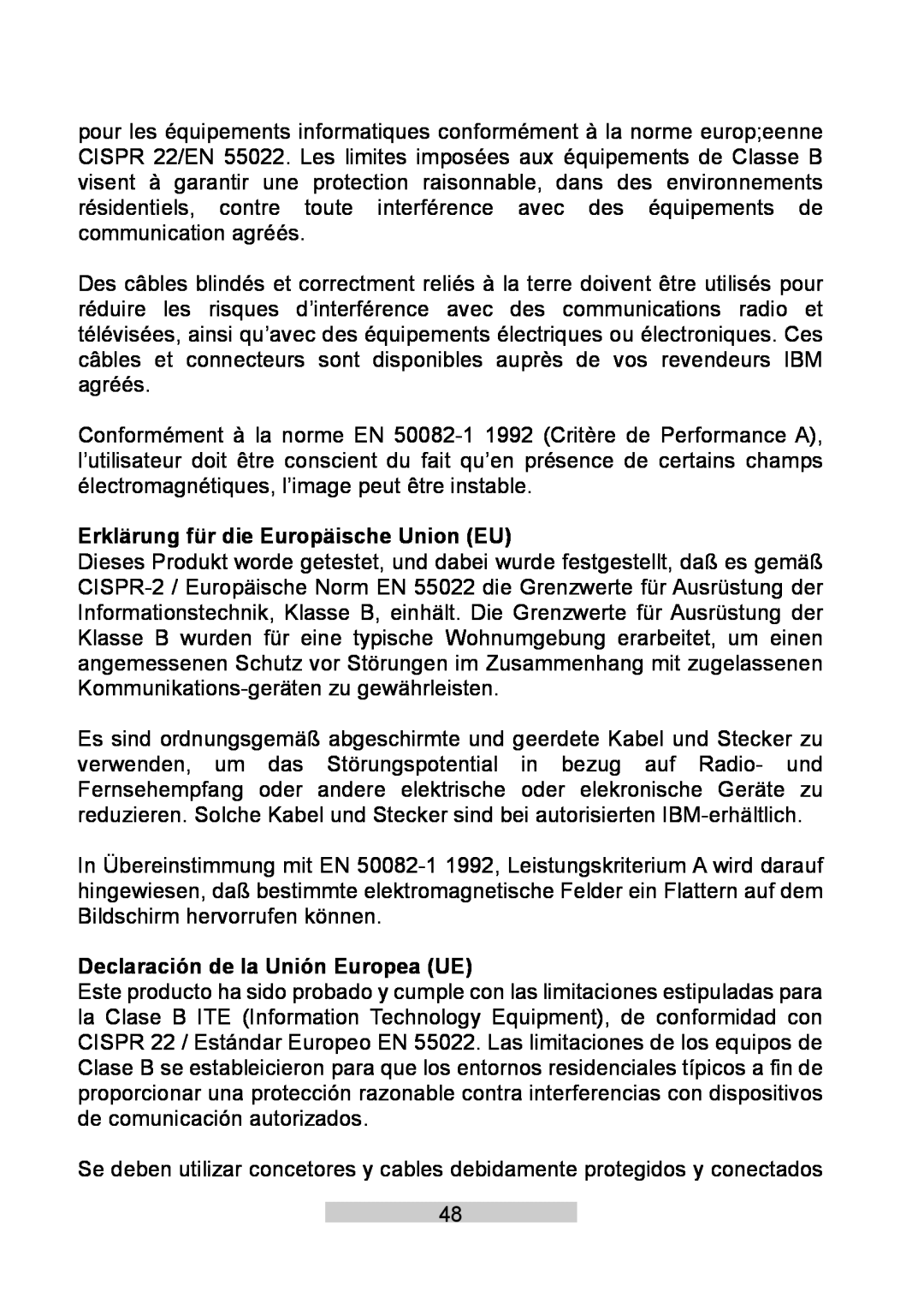 IBM T86A system manual Erklärung für die Europäische Union EU, Declaración de la Unión Europea UE 