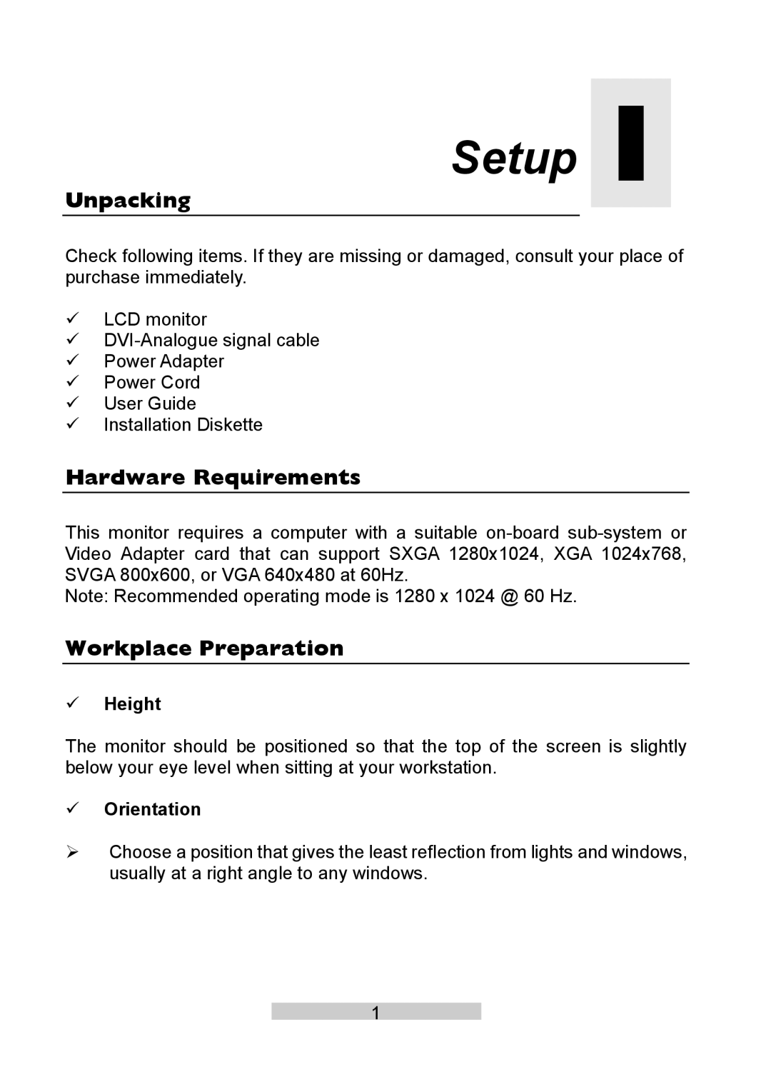 IBM T86A system manual Setup, Unpacking, Hardware Requirements, Workplace Preparation 