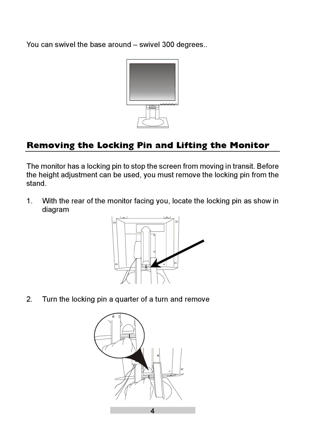 IBM T86A system manual Removing the Locking Pin and Lifting the Monitor 